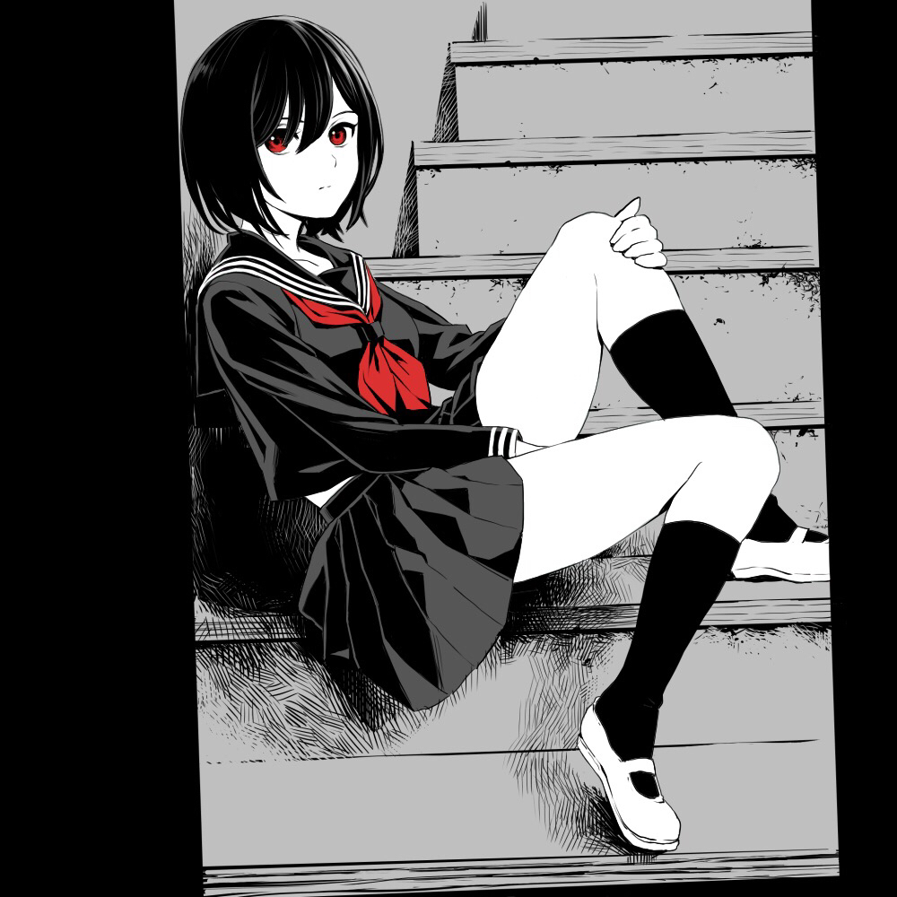 1girl against_wall bangs between_legs closed_mouth commentary_request from_side hand_between_legs hand_on_own_knee knee_up kneehighs long_sleeves looking_at_viewer looking_to_the_side monochrome neckerchief original red_eyes red_neckwear sailor_collar school_uniform serafuku shoes short_hair sitting skirt stairs ume_(yume_uta_da) uwabaki