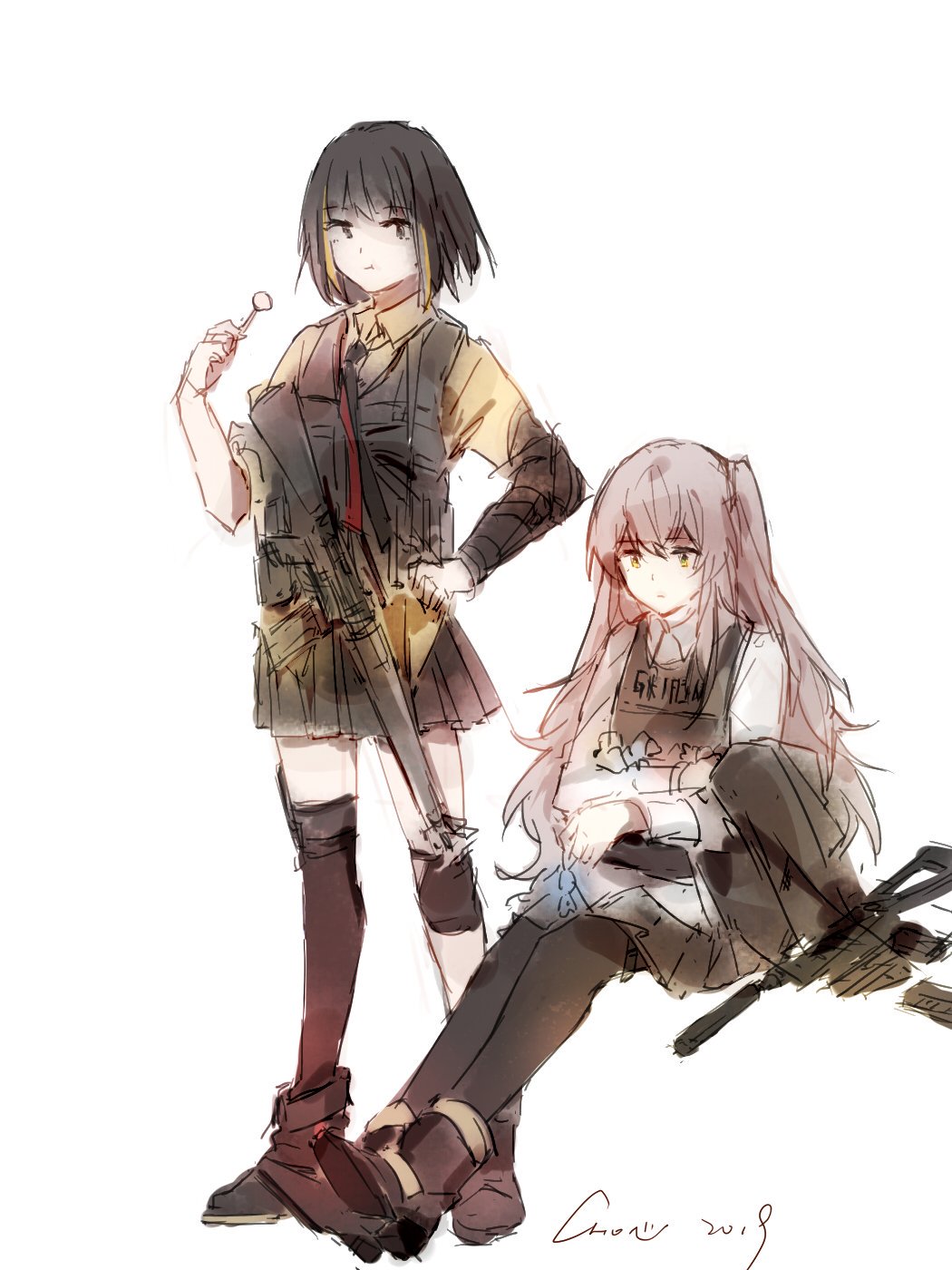 2girls artist_request asymmetrical_legwear asymmetrical_sleeves boots bulletproof_vest dango eating food girls_frontline gun h&amp;k_ump highres jacket jacket_removed m16a1 m16a1_(girls_frontline) multiple_girls sitting skirt standing submachine_gun suppressor toothpick ump45_(girls_frontline) wagashi weapon younger