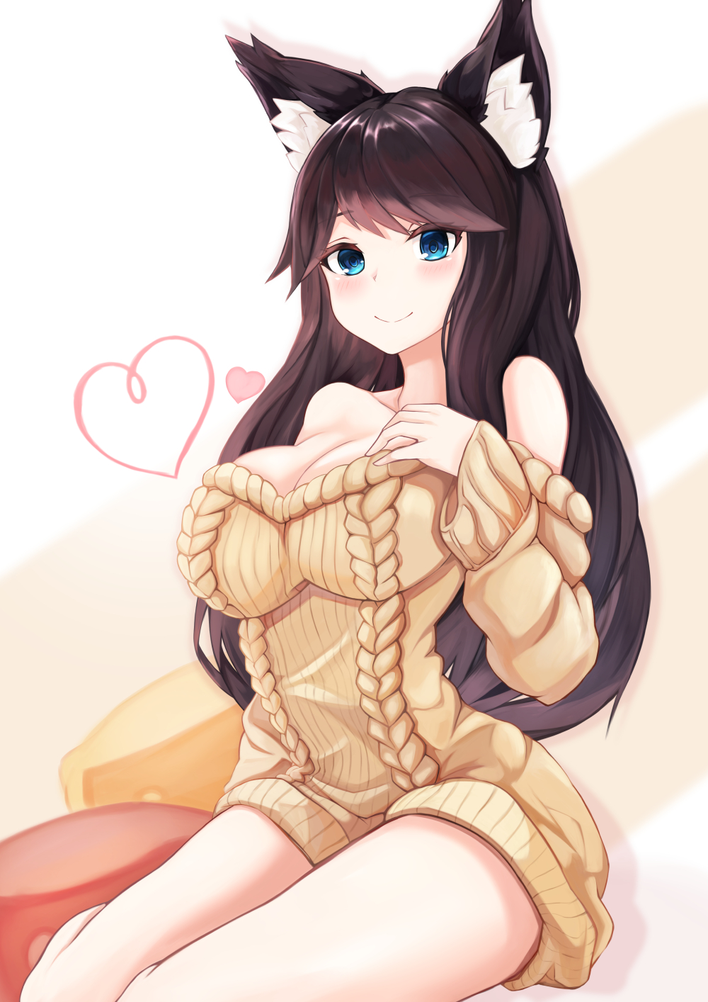 1girl animal_ear_fluff animal_ears aran_sweater azur_lane bare_shoulders blue_eyes blush breasts brown_hair cleavage closed_mouth collarbone dress fusou_(azur_lane) hand_on_own_chest hand_up heart highres large_breasts long_hair long_sleeves looking_at_viewer off-shoulder_sweater ryara_vivi sitting smile solo sweater sweater_dress thighs yellow_sweater yokozuwari