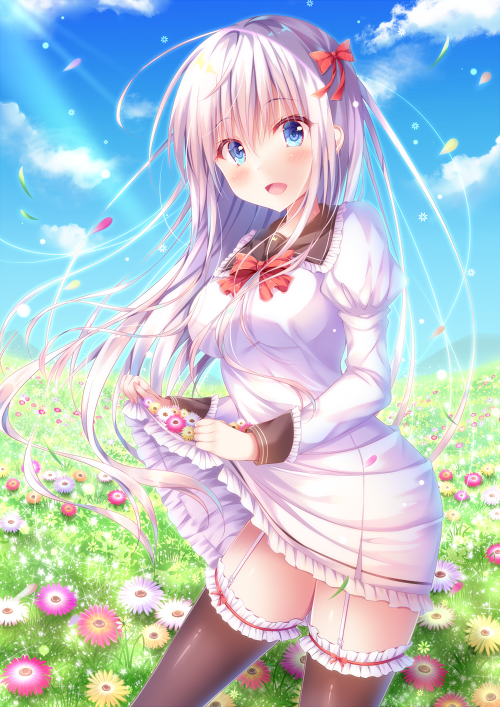 1girl :d bangs black_legwear blue_eyes blue_sky blush bow clouds collared_dress commentary_request day dress eyebrows_visible_through_hair flower frilled_dress frilled_legwear frilled_shirt_collar frills garter_straps hair_between_eyes hair_bow juliet_sleeves long_hair long_sleeves moe2019 open_mouth original outdoors puffy_sleeves purple_flower red_bow silver_hair skirt_basket sky smile solo suzukawa_yui thigh-highs very_long_hair white_dress white_flower yellow_flower