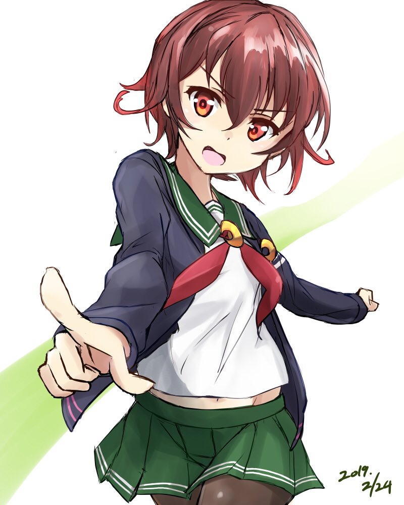 1girl blue_jacket brown_hair commentary_request crescent crescent_moon_pin dated gradient_hair green_sailor_collar green_skirt index_finger_raised jacket kantai_collection looking_at_viewer minosu multicolored_hair mutsuki_(kantai_collection) neckerchief open_mouth pantyhose pleated_skirt red_eyes red_neckwear redhead remodel_(kantai_collection) sailor_collar school_uniform serafuku short_hair skirt solo white_background