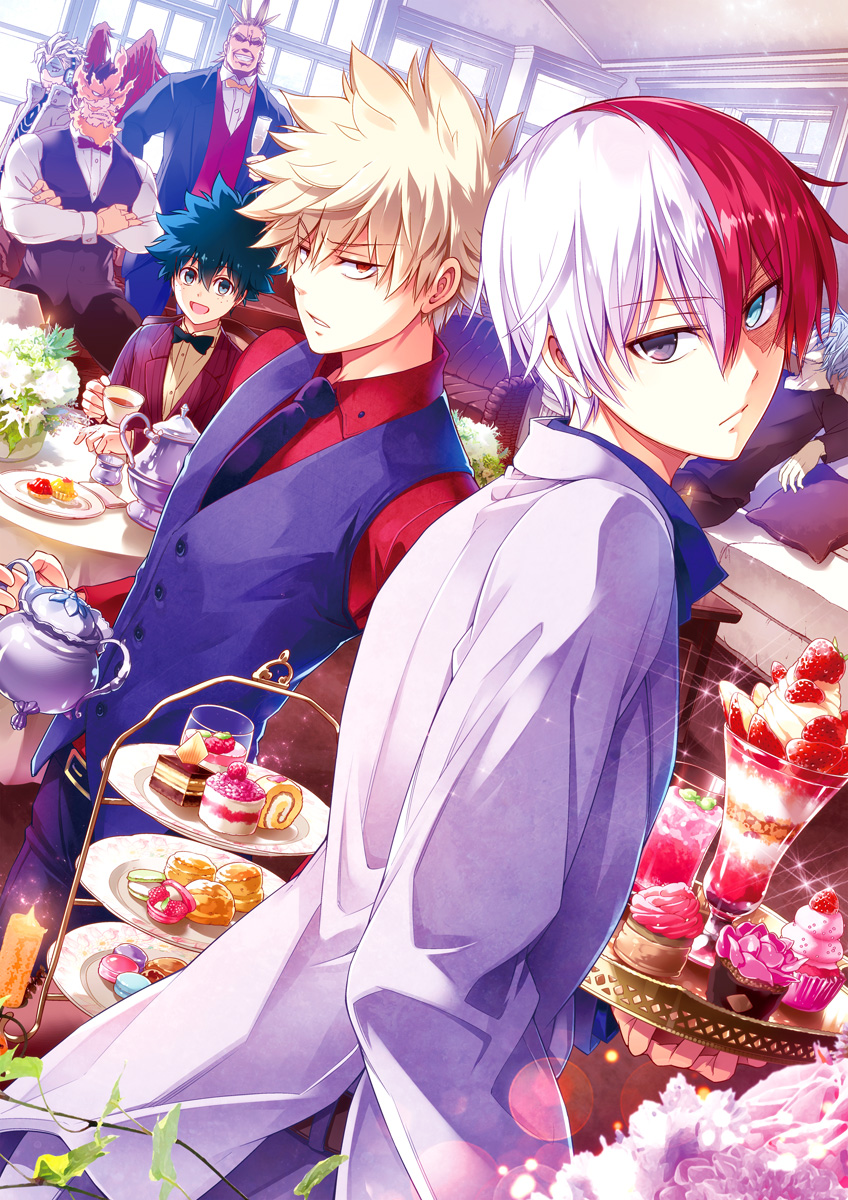 6+boys all_might bakugou_katsuki black_eyes black_neckwear blonde_hair blue_eyes boku_no_hero_academia bow bowtie butler cake collared_shirt crossed_arms cup dress_shirt eyebrows_visible_through_hair fiery_hair food formal fruit green_eyes green_hair hair_between_eyes hawks_(boku_no_hero_academia) highres indoors long_sleeves looking_at_viewer macaron midoriya_izuku multiple_boys necktie omega_2-d parted_lips red_eyes red_shirt redhead restaurant shigaraki_tomura shirt sitting spiky_hair strawberry suit table tea teacup teapot todoroki_enji todoroki_shouto vest white_hair