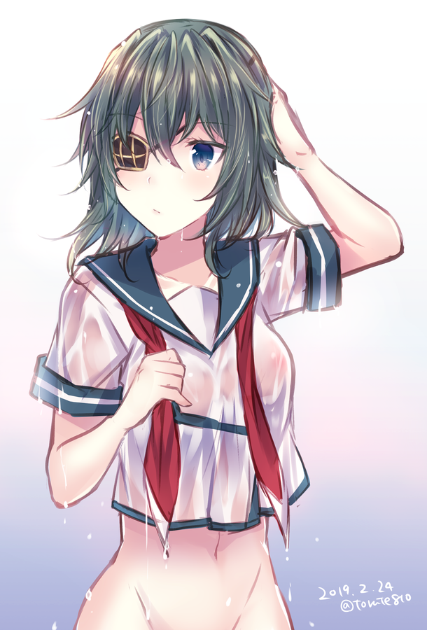 1girl commentary_request cowboy_shot dated eyepatch gradient gradient_background green_eyes green_hair green_sailor_collar grey_background groin kabocha_torute kantai_collection kiso_(kantai_collection) looking_to_the_side medium_hair navel neckerchief red_neckwear sailor_collar school_uniform serafuku solo twitter_username wet wet_clothes white_background