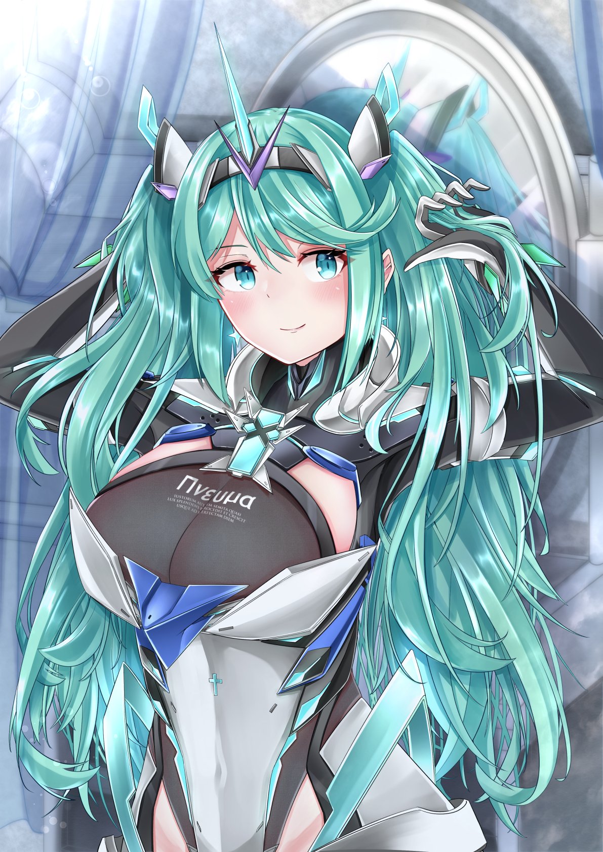 1girl armor bangs blush breasts earrings elbow_gloves gem gloves green_eyes green_hair hair_ornament headpiece highres jewelry large_breasts long_hair looking_at_viewer nintendo pneuma_(xenoblade) sarasadou_dan smile solo spoilers swept_bangs tiara twintails very_long_hair xenoblade_(series) xenoblade_2