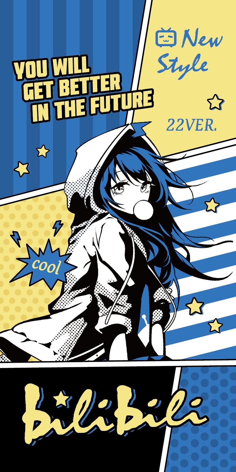 1girl ahoge bili_girl_22 bilibili_douga bubble_blowing character_name chewing_gum clouble copyright_name diagonal_stripes drawstring english_text highres hood hood_up hooded_jacket jacket lightning_bolt limited_palette long_hair necktie open_clothes open_jacket polka_dot short_sleeves solo star striped vertical_stripes very_long_hair