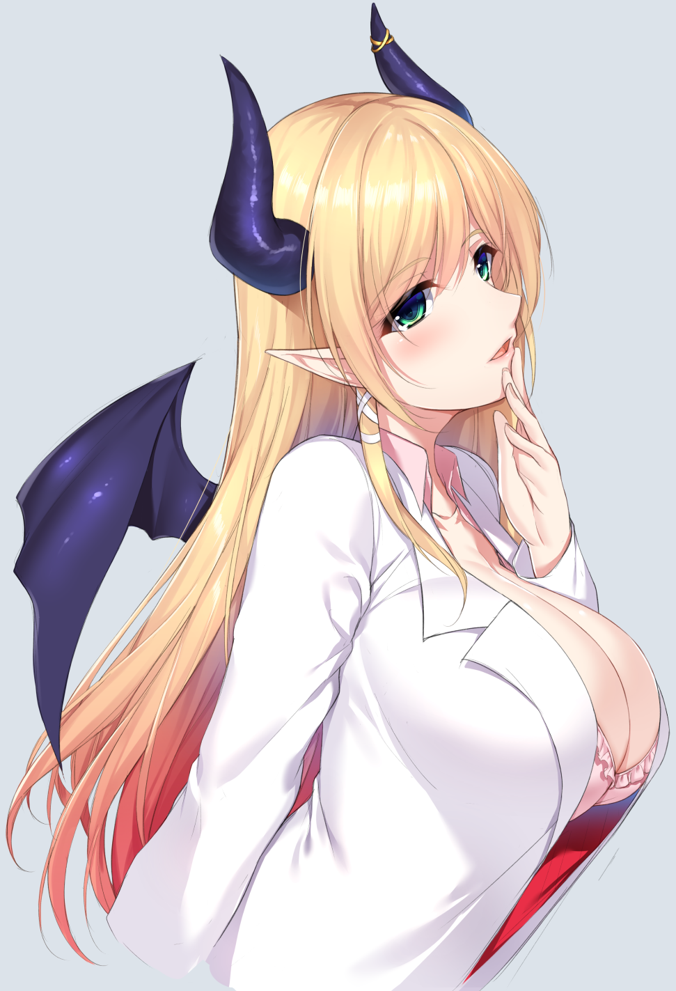 1girl bangs blonde_hair blush breasts cleavage demon_girl demon_horns demon_wings eyebrows_visible_through_hair finger_to_mouth frilled_shirt frills from_side gradient_hair green_eyes grey_background hair_ornament highres hololive horn_ornament horns labcoat large_breasts long_hair long_sleeves looking_at_viewer minamon_(vittel221) multicolored_hair open_mouth pink_hair pink_shirt pointy_ears shirt smile solo swept_bangs upper_body very_long_hair virtual_youtuber wings x_hair_ornament yuzuki_choco