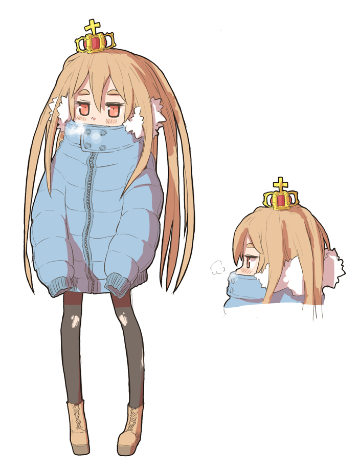 1girl 999knight black_legwear blonde_hair blush breath coat crown hair_between_eyes han_ae-ju long_hair looking_at_viewer pantyhose park_ssi-yu_daegi red_eyes solo thick_eyebrows torn_clothes torn_legwear winter_clothes