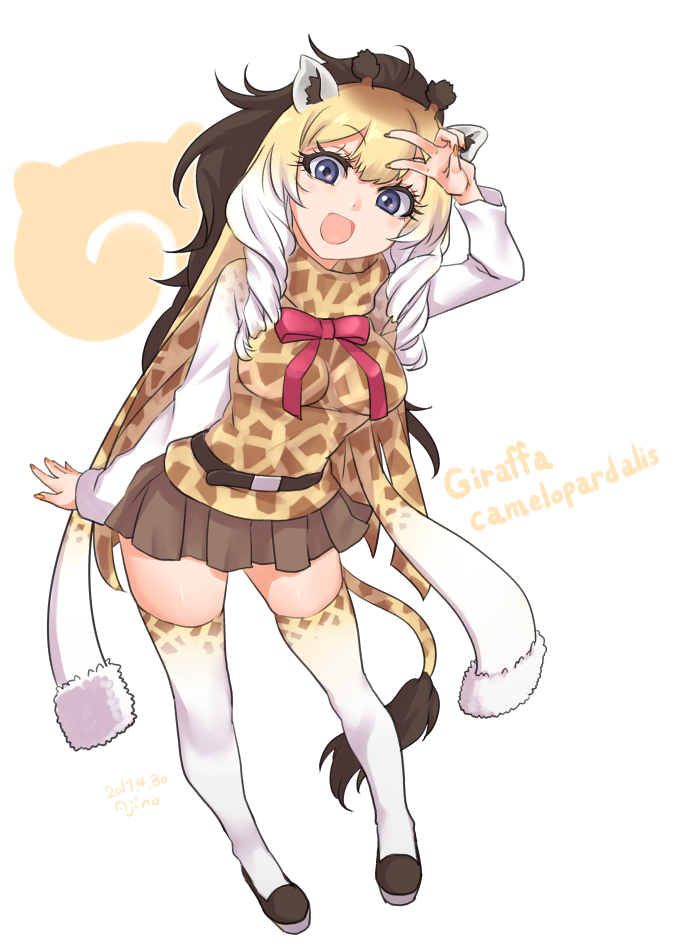 1girl :d ajino_(sakanahen) animal_ears animal_print arm_at_side bad_anatomy belt blonde_hair blue_eyes breasts brown_belt brown_footwear brown_hair brown_skirt character_name eyebrows_visible_through_hair eyelashes fingernails full_body fur_trim giraffe_ears giraffe_horns giraffe_print giraffe_tail gradient_clothes gradient_legwear gradient_scarf hand_up japari_symbol kemono_friends long_hair long_sleeves looking_at_viewer medium_breasts multicolored multicolored_clothes multicolored_hair multicolored_legwear multicolored_scarf nail_polish neck_ribbon open_mouth orange_nails pigeon-toed pink_ribbon pleated_skirt print_legwear print_scarf print_shirt ribbon ringlets rothschild's_giraffe_(kemono_friends) scarf scientific_name shirt shoes sidelocks simple_background skirt smile solo standing tail tareme thigh-highs v white_background white_hair white_legwear white_scarf zettai_ryouiki