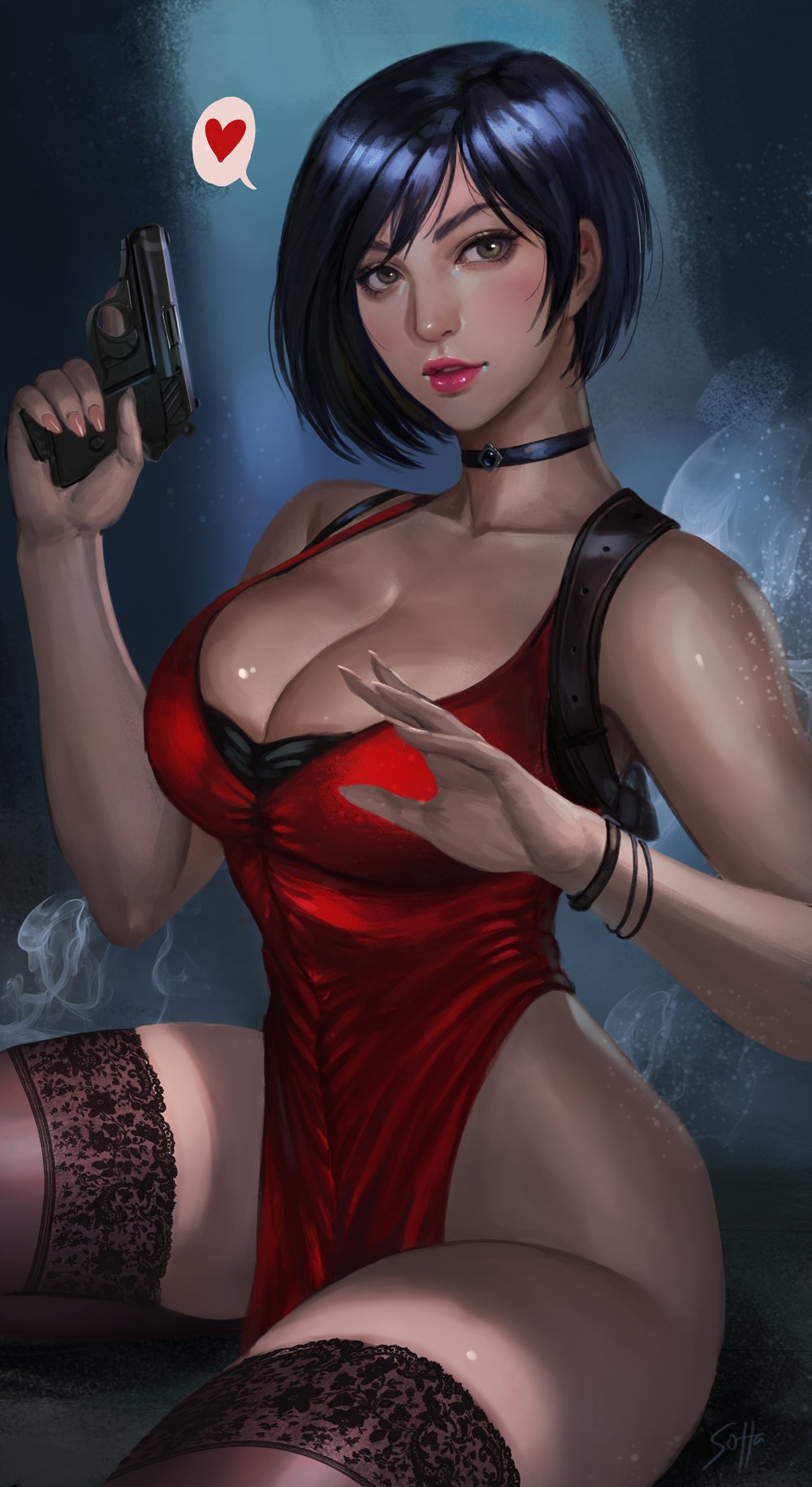 1girl ada_wong bangs bare_shoulders black_hair bracelet breasts brown_eyes choker cleavage collarbone commentary dress gun handgun heart highres hip_focus holding holding_gun holding_weapon holster jewelry lace lace-trimmed_legwear large_breasts nail_polish pink_nails pistol red_dress red_lips resident_evil resident_evil_2 short_hair shoulder_holster sitting soffa swept_bangs thighs weapon