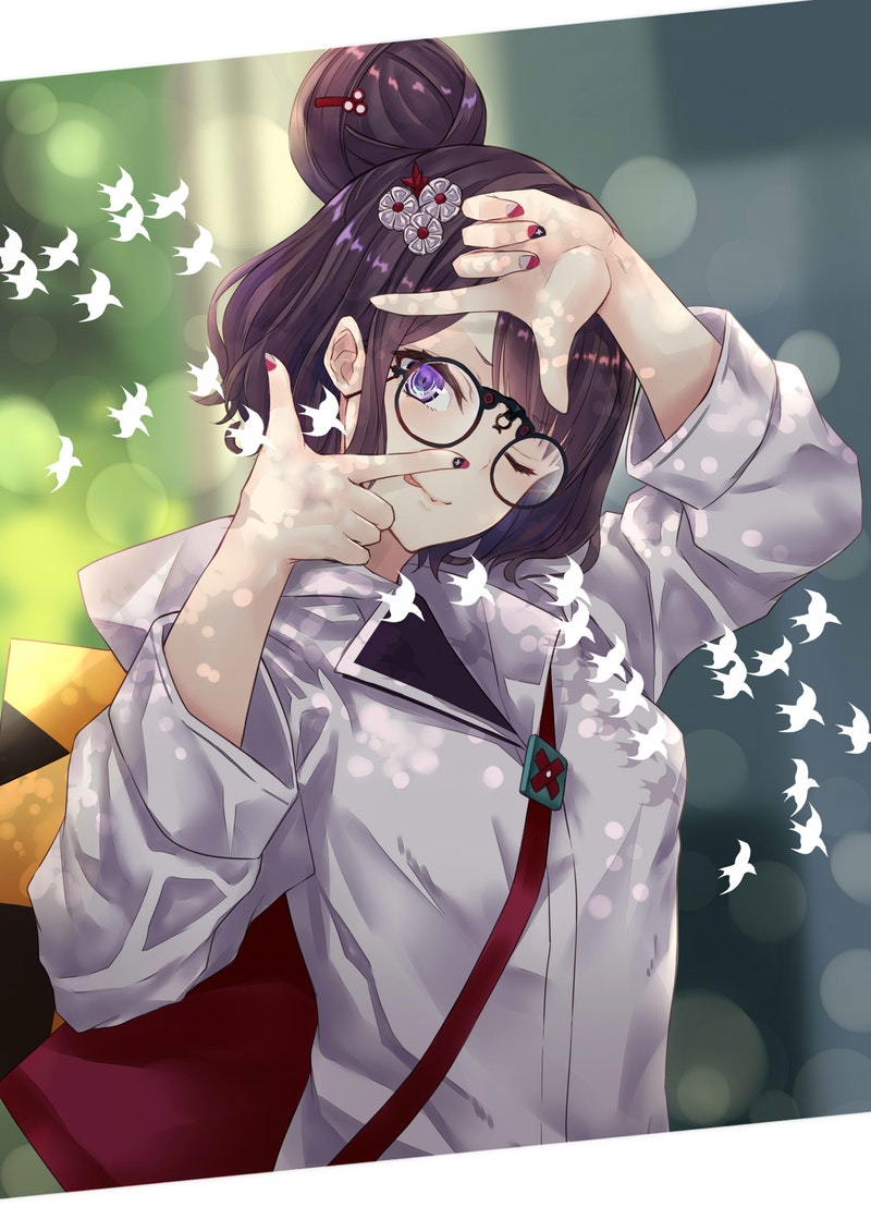 1girl :p alternate_costume arm_up bag bespectacled bird black-framed_eyewear black_hair blurry blurry_background bokeh closed_mouth depth_of_field fate/grand_order fate_(series) finger_frame flock glasses grey_jacket hair_bun hair_ornament hairclip hand_up head_tilt hood hood_down hooded_jacket jacket katsushika_hokusai_(fate/grand_order) long_sleeves looking_at_viewer multicolored multicolored_nails nabeshima_tetsuhiro nail_polish one_eye_closed red_nails round_eyewear short_hair shoulder_bag sidelocks solo tied_hair tongue tongue_out upper_body violet_eyes