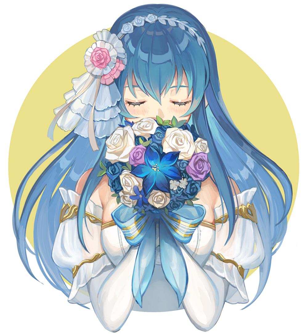 1girl bare_shoulders blue_eyes blue_hair bouquet bride cute dress elbow_gloves fire_emblem fire_emblem:_mystery_of_the_emblem fire_emblem_heroes flower formal gloves intelligent_systems kyufe long_hair nintendo rose sheeda simple_background solo strapless strapless_dress tiara veil wedding wedding_dress white_dress white_flower white_gloves