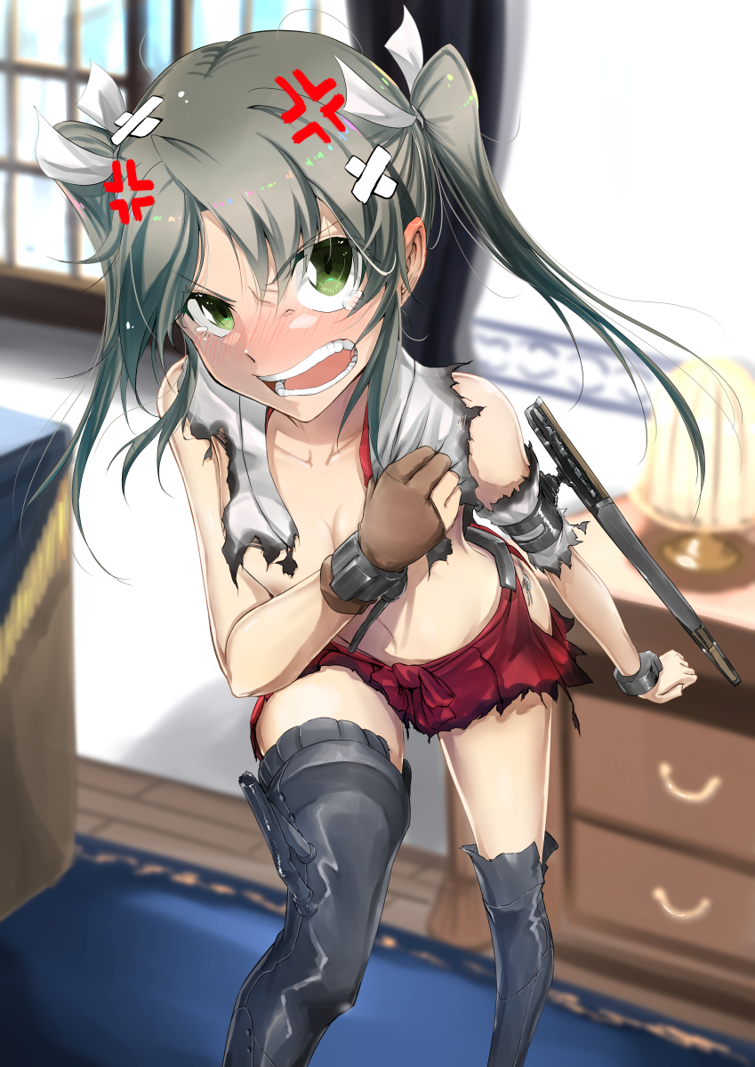 1girl bandaid_on_hair blush boots breastplate burnt_clothes carpet chest_of_drawers covering covering_breasts damaged desk green_eyes green_hair hair_ribbon hakama_skirt highres japanese_clothes kantai_collection lamp long_hair muneate open_mouth ribbon solo tasuki tears thigh-highs thigh_boots torn_clothes twintails v_r_dragon01 white_ribbon window zuikaku_(kantai_collection)