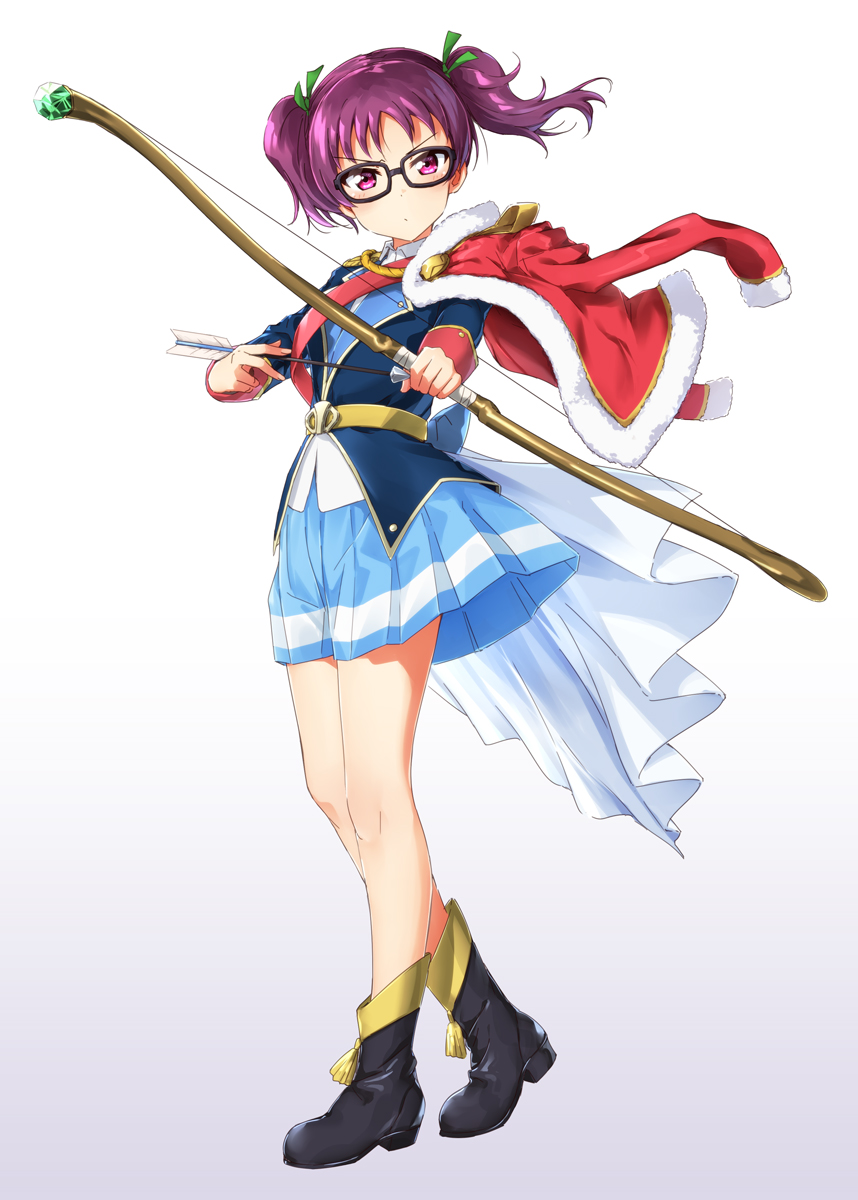 1girl arrow bangs belt bespectacled black-framed_eyewear black_footwear blue_jacket blue_skirt boots bow_(weapon) cape commentary_request cosplay emerald_(gemstone) full_body fur-trimmed_jacket fur_trim glasses gradient gradient_background green_ribbon hair_ribbon highres holding holding_weapon hoshimi_junna hoshimi_junna_(cosplay) jacket jacket_on_shoulders kazuno_leah long_sleeves looking_at_viewer love_live! love_live!_sunshine!! miniskirt purple_hair red_jacket ribbon satou_hinata seiyuu_connection shoujo_kageki_revue_starlight skirt solo standing suke_(momijigari) twintails v-shaped_eyebrows violet_eyes waist_cape weapon white_cape