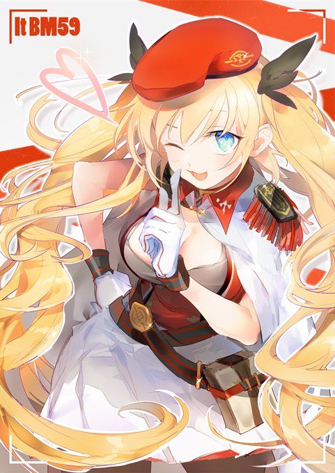 belt beret black_legwear blonde_hair blue_eyes blush bm59_(girls_frontline) breasts cape character_name cleavage commentary_request epaulettes girls_frontline gloves hair_between_eyes hair_ribbon hat heart large_breasts long_hair medal pantyhose pleated_skirt pouch ribbon simple_background skirt twintails very_long_hair white_gloves yuri9031