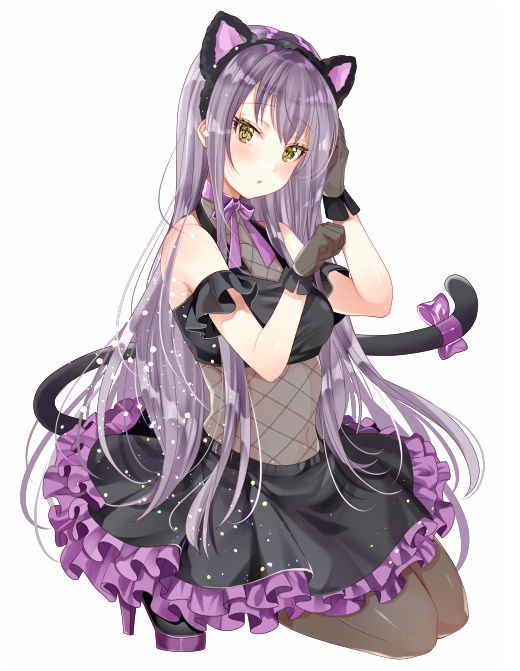 1girl :o animal_ears bang_dream! bangs black_gloves black_legwear black_shirt blue_neckwear blush bow cat_ears cat_tail choker commentary_request fake_animal_ears frilled_skirt frilled_sleeves frills full_body gloves grey_hair hand_on_own_head high_heels ito22oji kneeling long_hair looking_at_viewer minato_yukina navel pantyhose paw_pose purple_bow ribbon_choker see-through shirt shoulder_cutout simple_background skirt solo tail tail_bow white_background yellow_eyes