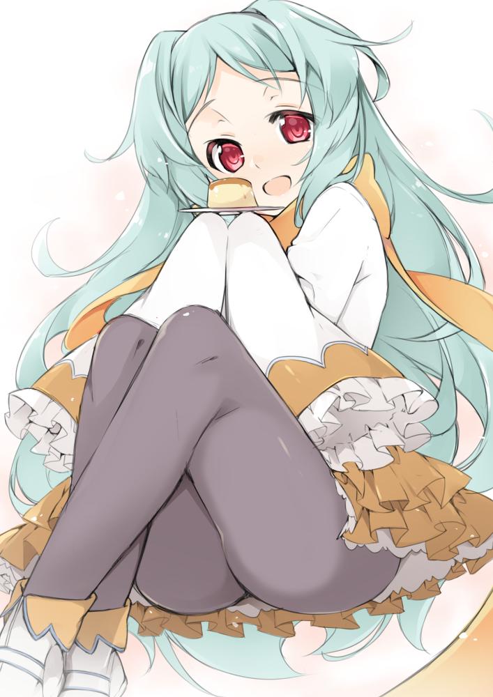 black_legwear blue_hair commentary_request food frilled_skirt frills izumo_miyako legs_crossed long_hair long_sleeves looking_at_viewer open_mouth pantyhose plate princess_connect! princess_connect!_re:dive pudding red_eyes scarf shoes simple_background sitting skirt sskur_a white_background