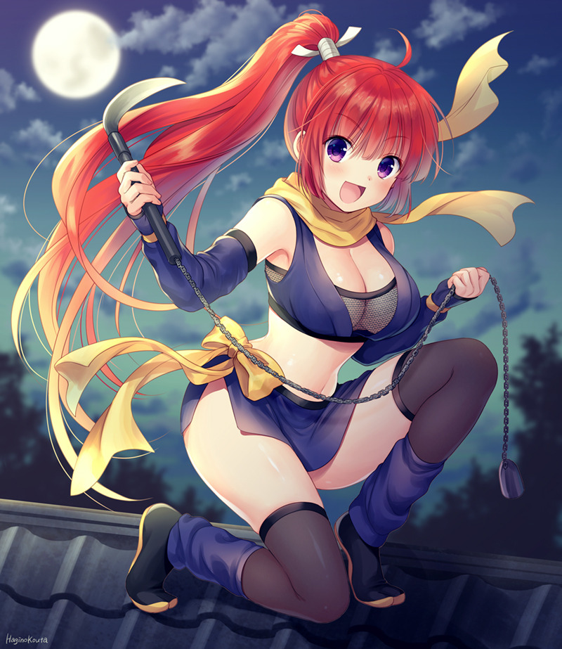 1girl :d artist_name bare_shoulders black_footwear black_legwear blue_skirt blurry blurry_background blush breasts chains cleavage clouds cloudy_sky crop_top depth_of_field detached_sleeves full_body full_moon gradient_hair gradient_sky hagino_kouta hair_ribbon holding kusarigama large_breasts long_hair long_sleeves looking_at_viewer midriff miniskirt moon multicolored_hair navel night night_sky ninja one_knee open_mouth orange_hair original outdoors ponytail redhead ribbon scarf scythe sickle side_slit sidelocks skirt sky sleeves_past_wrists smile solo stomach thigh-highs thighs tile_roof tree v-shaped_eyebrows very_long_hair violet_eyes weapon yellow_ribbon yellow_scarf