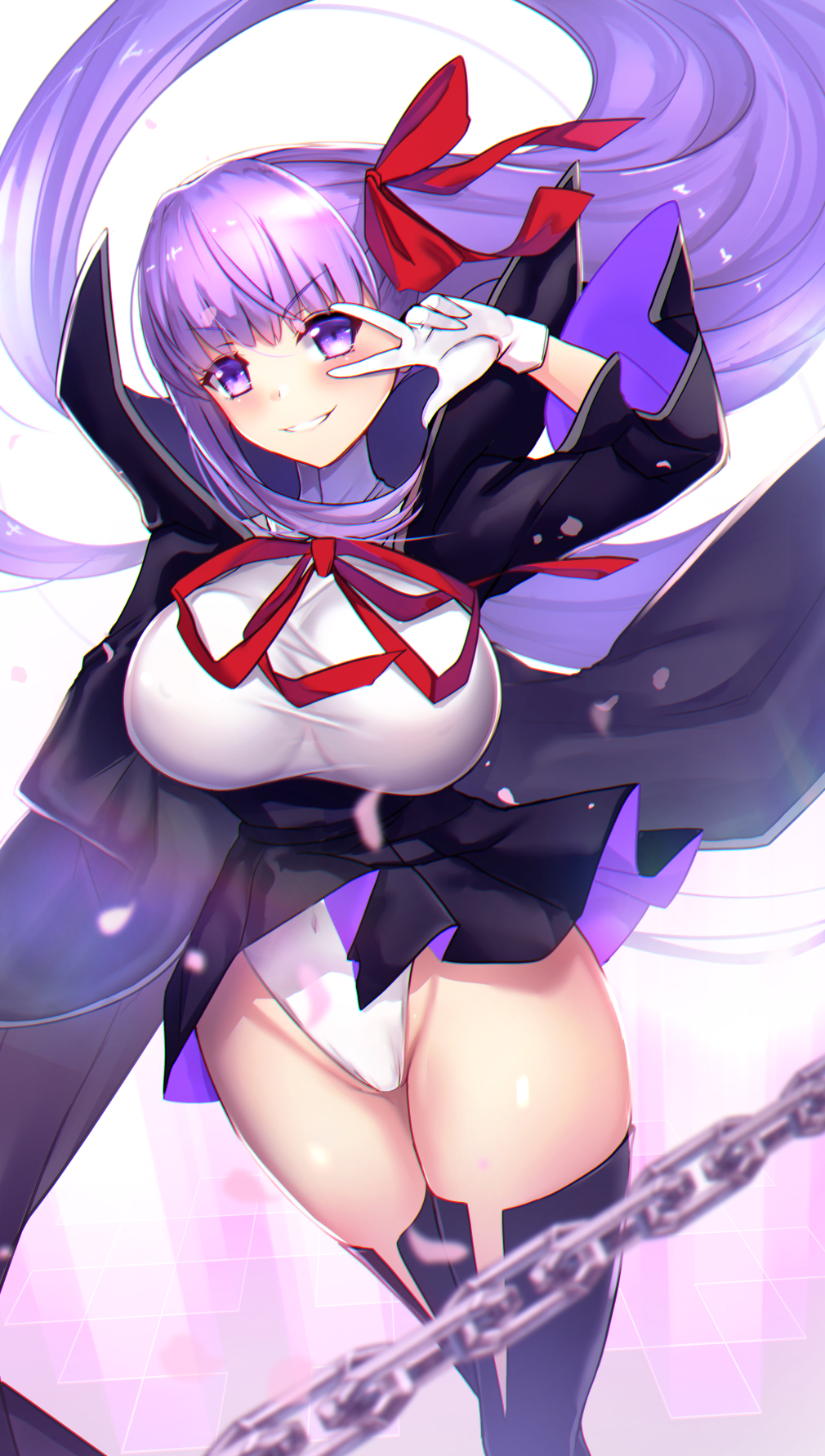 1girl bangs bb_(fate)_(all) bb_(fate/extra_ccc) black_legwear blush breasts covered_navel eyebrows_visible_through_hair fate/extra fate/extra_ccc fate_(series) gloves grin hair_ribbon highres large_breasts leotard long_hair looking_at_viewer pleated_skirt purple_hair ribbon skirt smile solo thigh-highs untsue very_long_hair violet_eyes w white_gloves