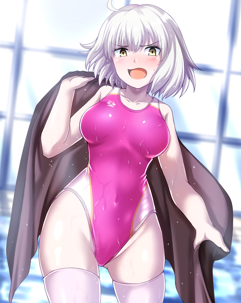1girl arena_(company) breasts brown_towel collarbone competition_swimsuit cowboy_shot embarrassed eyebrows_visible_through_hair fate/grand_order fate_(series) hair_between_eyes highres indoors jeanne_d'arc_(alter)_(fate) jeanne_d'arc_(fate)_(all) looking_at_viewer medium_breasts one-piece_swimsuit open_mouth pink_swimsuit pool rei_no_pool short_hair silver_hair solo standing sunlight swimsuit thigh-highs towel water wet wet_clothes wet_swimsuit white_legwear window yellow_eyes zanntetu