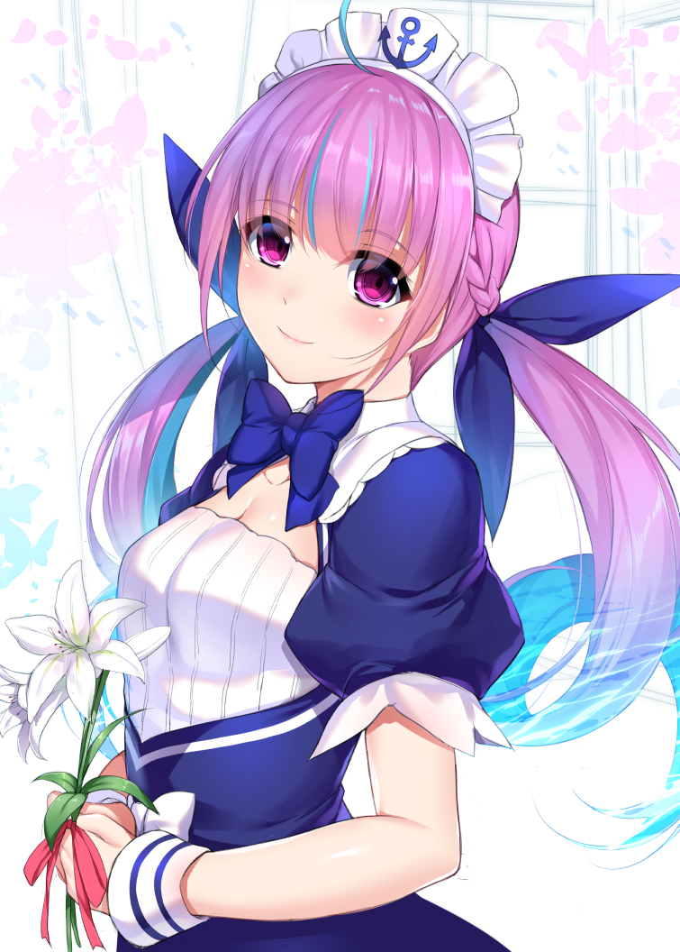 1girl ahoge bangs blue_bow blue_hair blush bow braid breasts bug butterfly cuffs flower french_braid hair_ribbon hair_rings holding holding_flower hololive insect lily_(flower) long_hair looking_at_viewer maid_headdress minamon_(vittel221) minato_aqua multicolored_hair puffy_short_sleeves puffy_sleeves purple_hair ribbon short_sleeves small_breasts smile solo twintails two-tone_hair very_long_hair violet_eyes virtual_youtuber