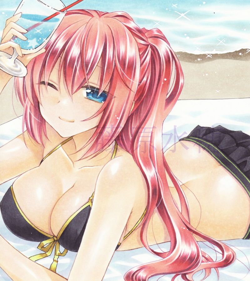 1girl ;d beach bikini_skirt black_bikini_top black_skirt blue_eyes breasts butt_crack cleavage collarbone cup drinking_straw eyebrows_visible_through_hair fujiwara_minaho hair_between_eyes halterneck holding holding_cup large_breasts long_hair lying marker_(medium) megurine_luka on_stomach one_eye_closed open_mouth outdoors redhead ribbon shiny shiny_hair side_ponytail skirt smile solo traditional_media vocaloid watermark yellow_ribbon