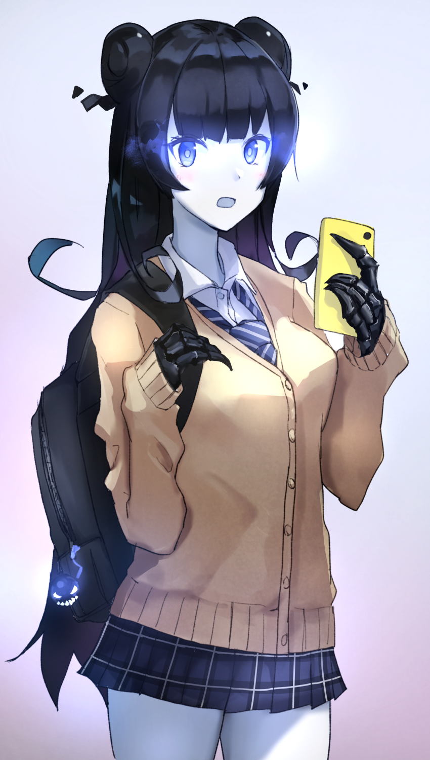 1girl bag black_hair blue_eyes breasts brown_sweater cellphone double_bun glowing glowing_eyes gradient gradient_background highres kantai_collection light_cruiser_oni long_hair looking_at_viewer necktie open_mouth phone shinkaisei-kan shirt skirt smartphone solo striped striped_neckwear sweater weasel_(close-to-the-edge) white_shirt