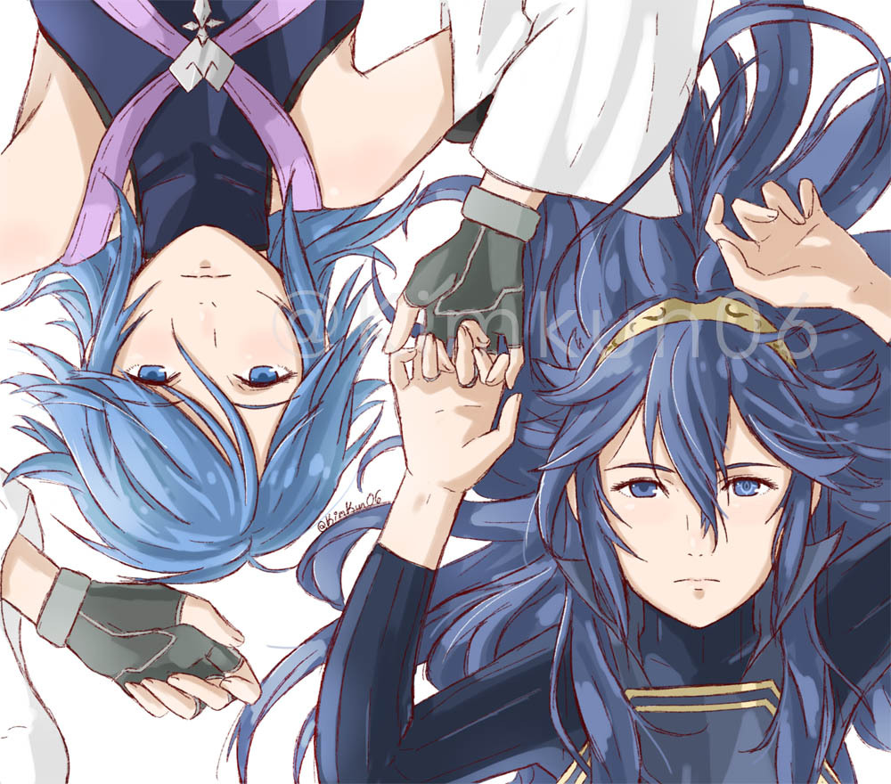 2girls aqua_(kingdom_hearts) blue_eyes blue_hair closed_mouth crossover eyebrows_visible_through_hair fingerless_gloves fire_emblem fire_emblem:_kakusei gloves hair_between_eyes hair_ornament hand_holding holding interlocked_fingers kimkun06 kingdom_hearts kingdom_hearts_birth_by_sleep long_hair looking_at_viewer lucina multiple_girls nintendo open_eyes ribbed_sweater short_hair simple_background sweater tiara turtleneck turtleneck_sweater twitter_username watermark white_background