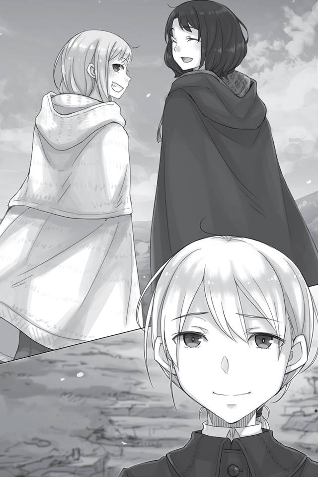 1boy 2girls :d ayakura_juu cape closed_eyes day eyebrows_visible_through_hair greyscale grin hair_between_eyes hood hood_down hooded looking_back monochrome multiple_girls myuri_(spice_and_wolf) novel_illustration official_art open_mouth outdoors ponytail shiny shiny_hair short_hair smile spice_and_wolf tote_col