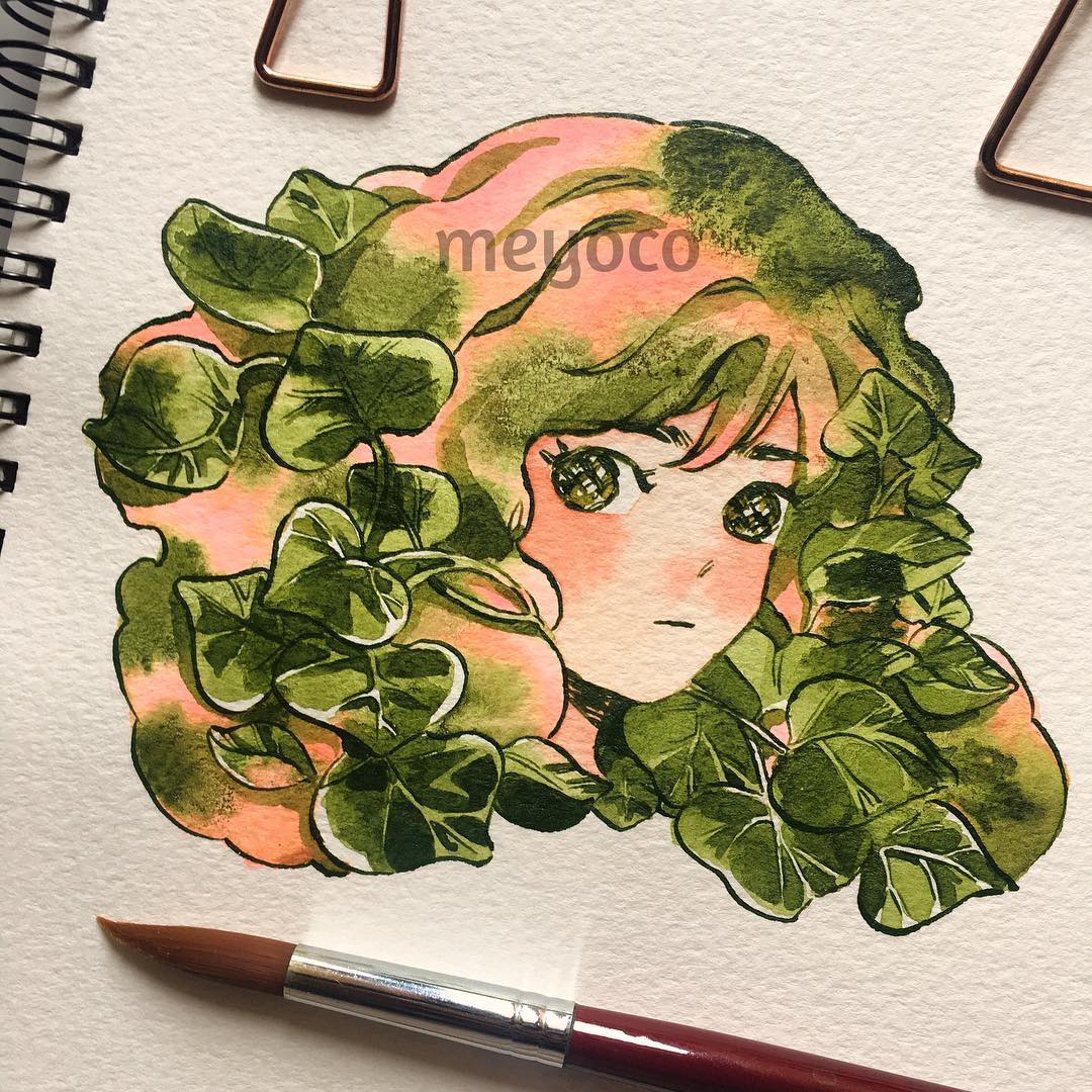 1girl artist_name bangs brush disembodied_head green_hair leaf looking_at_viewer medium_hair meyoco multicolored_hair original photo pink_hair plant portrait solo traditional_media