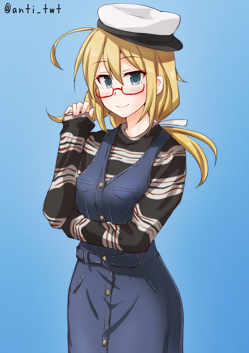 1girl alternate_costume anti_(untea9) black_shirt blonde_hair blue_background blue_eyes blue_overalls breasts cowboy_shot eyebrows_visible_through_hair glasses hair_between_eyes hair_ribbon hat highres i-8_(kantai_collection) kantai_collection large_breasts long_sleeves low_twintails peaked_cap red-framed_eyewear ribbon semi-rimless_eyewear shirt simple_background solo striped striped_shirt twintails twitter_username white_ribbon