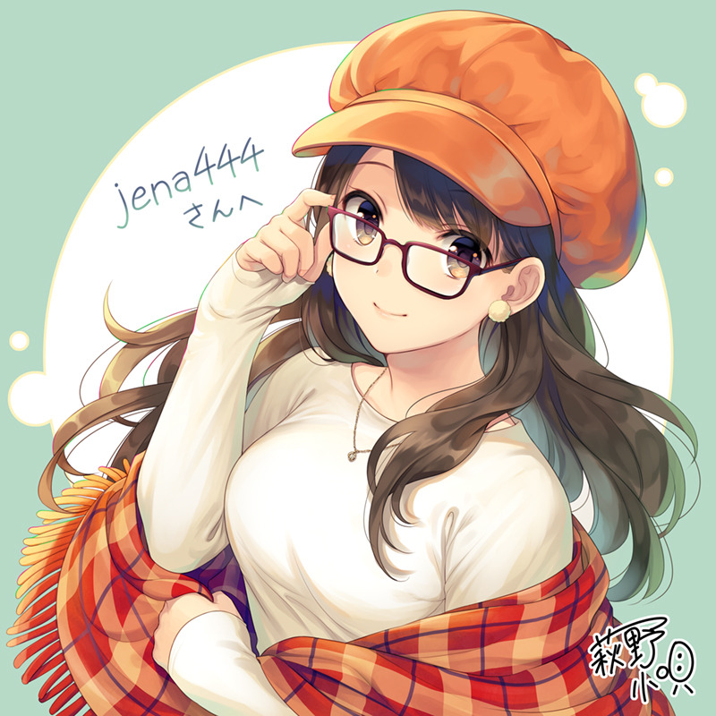 1girl breasts brown_eyes brown_hair cabbie_hat closed_mouth commission earrings fringe_trim glasses green_background hagino_kouta hand_on_eyewear hand_up hat jewelry long_hair long_sleeves looking_at_viewer medium_breasts orange_hat orange_scarf original plaid plaid_scarf red-framed_eyewear scarf shirt signature sleeves_past_wrists smile solo two-tone_background upper_body white_shirt