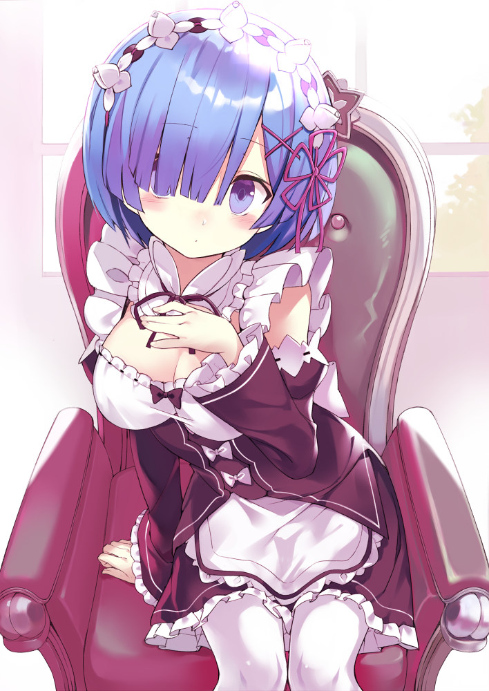 1girl apron armchair blue_eyes blue_hair blush breasts brown_dress brown_sleeves chair cleavage closed_mouth commentary_request detached_sleeves dress fingernails frilled_dress frilled_sleeves frills hair_ornament hair_over_one_eye hair_ribbon hairclip hand_up head_tilt juliet_sleeves kuhotaka long_sleeves looking_at_viewer medium_breasts on_chair pantyhose pink_ribbon puffy_sleeves re:zero_kara_hajimeru_isekai_seikatsu rem_(re:zero) ribbon ribbon-trimmed_sleeves ribbon_trim sitting sleeves_past_wrists solo waist_apron white_apron wide_sleeves window x_hair_ornament