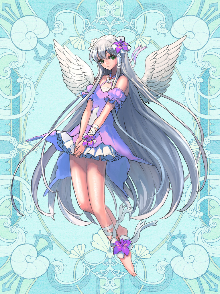 1girl barefoot blue_background detached_sleeves dress ellis_canary feathered_wings flower full_body green_eyes hair_flower hair_ornament hair_ribbon hands_together kerberos_blade kishiba_yuusuke long_hair looking_at_viewer pink_dress pink_flower ribbon short_sleeves sidelocks silver_hair solo very_long_hair white_wings wings wrist_wrap