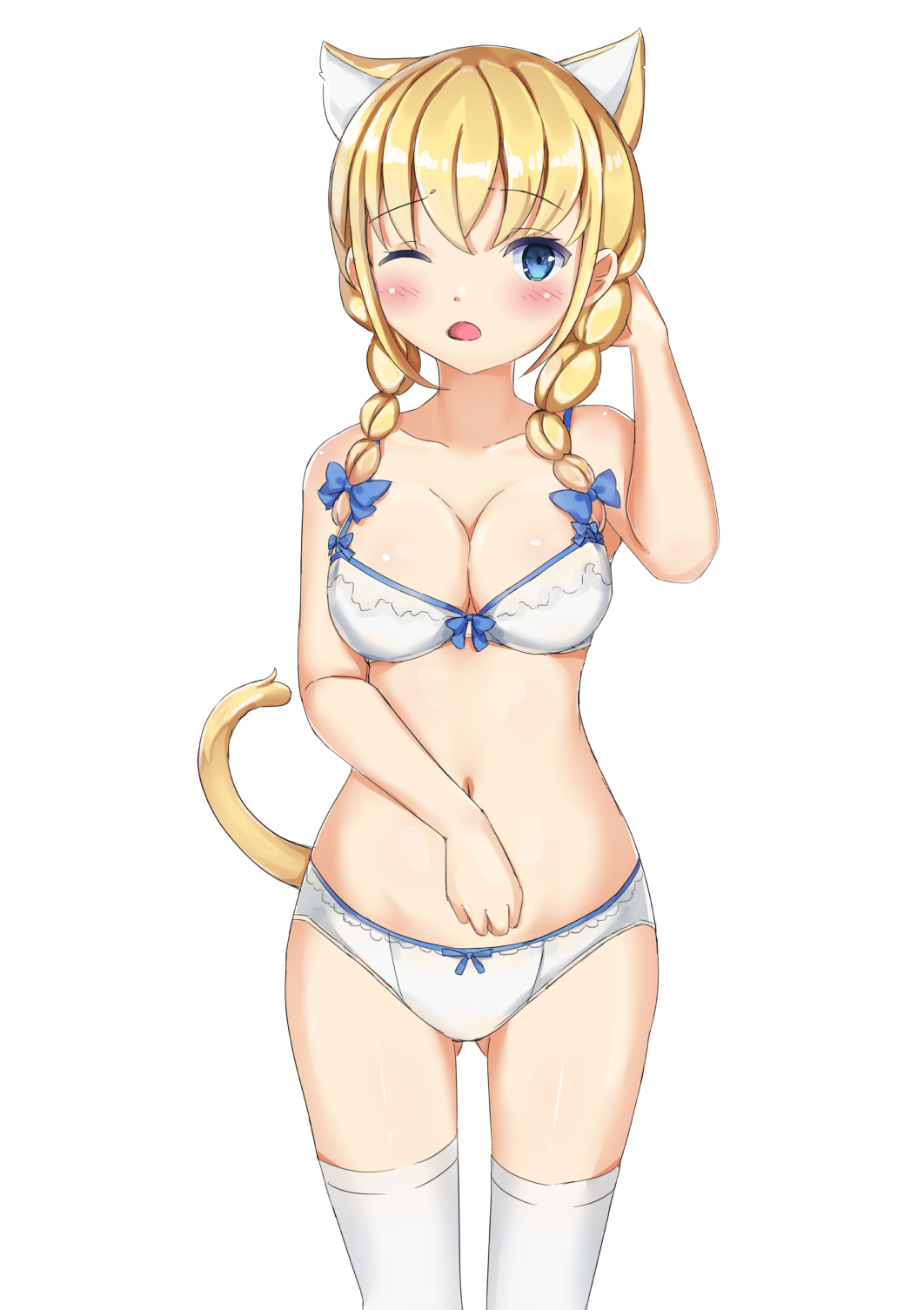 1girl animal_ears bangs bare_arms bare_shoulders blonde_hair blue_bow blush bow bow_bra bow_panties bra braid breasts cat_ears cat_girl cat_tail cleavage collarbone commentary_request eyebrows_visible_through_hair gluteal_fold hair_between_eyes hair_bow hair_over_shoulder hand_up highres long_hair low_twintails medium_breasts navel original panties simple_background solo standing tail tail_raised takapii thigh-highs twin_braids twintails underwear underwear_only white_background white_bra white_legwear white_panties