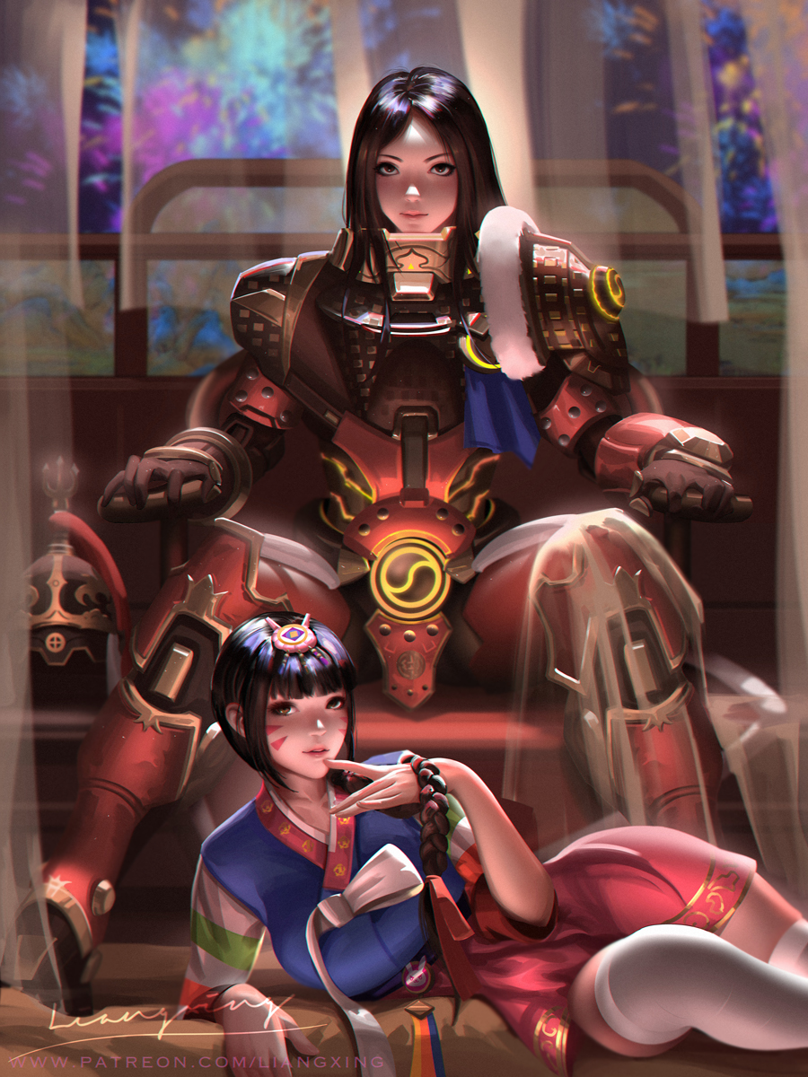 2girls alternate_costume alternate_hairstyle armor armored_boots bangs boots braid breasts brigitte_(overwatch) brown_eyes brown_gloves brown_hair bunny_hair_ornament bunny_ornament chair commentary curtains d.va_(overwatch) english_commentary facepaint facial_mark finger_to_mouth general_brigitte gloves greaves hair_ornament hanbok headwear_removed helmet helmet_removed highres indoors korean_clothes large_breasts liang_xing long_hair long_sleeves looking_at_viewer lying multiple_girls nose on_side overwatch palanquin_d.va parted_lips pauldrons pink_lips pink_skirt shoulder_armor signature sitting skirt spread_legs striped_sleeves swept_bangs thigh-highs watermark web_address whisker_markings white_legwear yin_yang