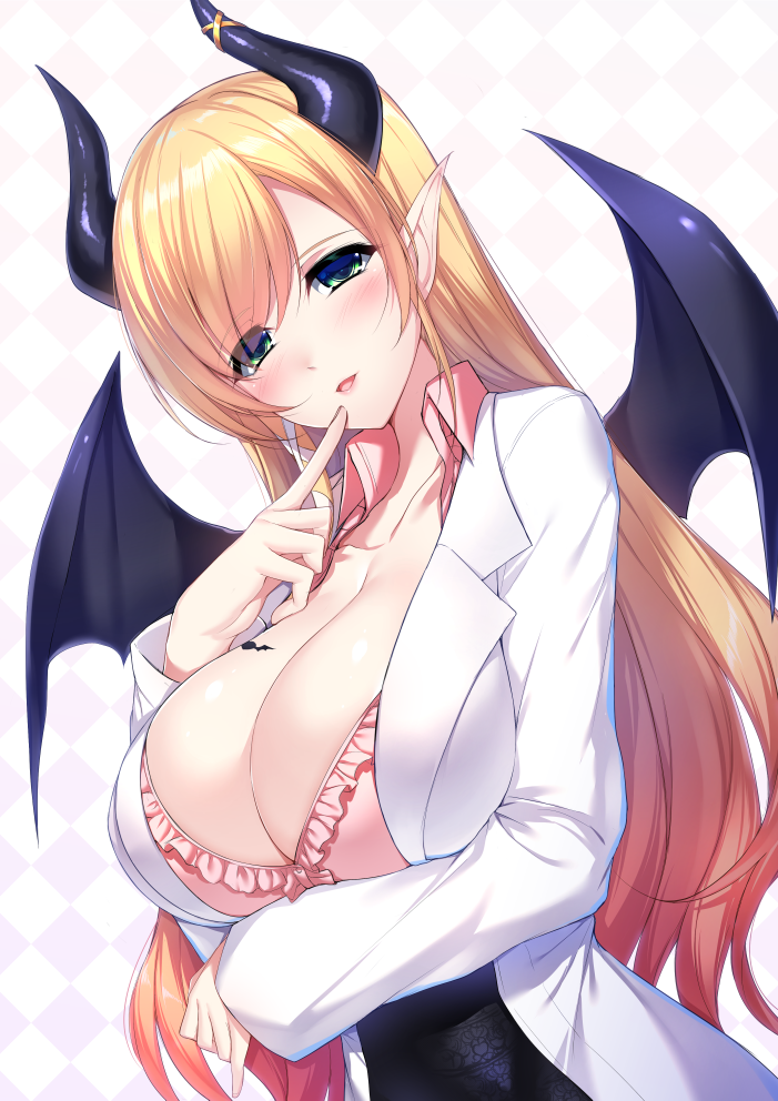 1girl argyle argyle_background arm_under_breasts bangs black_skirt blonde_hair blush breasts center_opening cleavage collarbone demon_girl demon_horns demon_wings eyebrows_visible_through_hair finger_to_mouth frilled_shirt frills gradient_hair green_eyes hair_ornament hololive horn_ornament horns labcoat large_breasts long_hair long_sleeves looking_at_viewer minamon_(vittel221) multicolored_hair open_mouth orange_hair pink_shirt pointy_ears shirt skirt smile solo swept_bangs very_long_hair virtual_youtuber wings x_hair_ornament yuzuki_choco