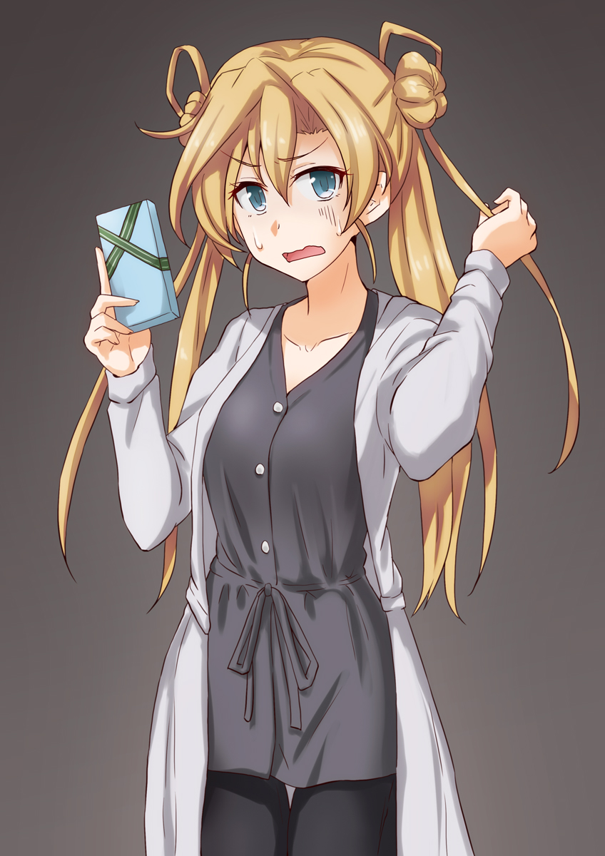 1girl abukuma_(kantai_collection) alternate_costume anti_(untea9) black_background black_dress black_legwear blonde_hair blue_eyes box double_bun dress giffca gift gradient gradient_background hair_between_eyes hair_rings highres holding holding_box holding_gift jacket kantai_collection long_hair looking_at_viewer pantyhose simple_background solo white_jacket