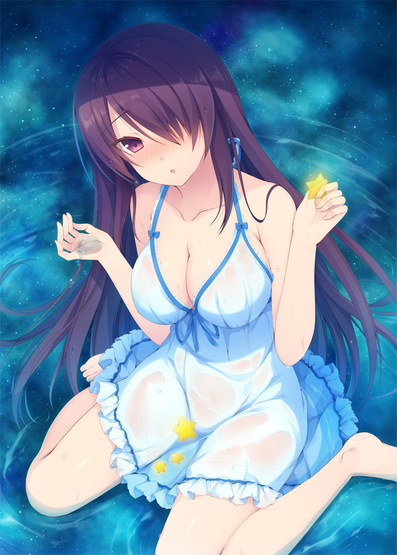 1girl :o aotsu_karin bangs bare_arms bare_shoulders barefoot blue_ribbon blush breasts brown_hair cleavage collarbone commentary_request dress eyebrows_visible_through_hair frilled_dress frills hair_over_one_eye hands_up head_tilt holding holding_star huge_filesize long_hair medium_breasts neck_ribbon night night_sky nose_blush original parted_lips red_eyes ribbon ripples see-through sitting sky sleeveless sleeveless_dress solo star star_(sky) starry_sky very_long_hair wariza water wet wet_clothes wet_dress white_dress