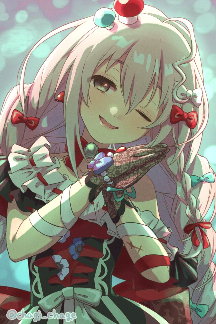 1girl bare_shoulders blush bow braid brooch chagi_chage dress food-themed_hair_ornament gloves grey_eyes grey_hair hair_bow hair_ornament hoshi_syoko idolmaster idolmaster_cinderella_girls jewelry lace lace_gloves long_hair looking_at_viewer multicolored_clothes multicolored_dress multiple_hair_bows mushroom_hair_ornament neck_ribbon off-shoulder_dress off_shoulder one_eye_closed own_hands_clasped own_hands_together palms_together parted_lips red_ribbon ribbon scar side_braid smile solo twin_braids upper_body