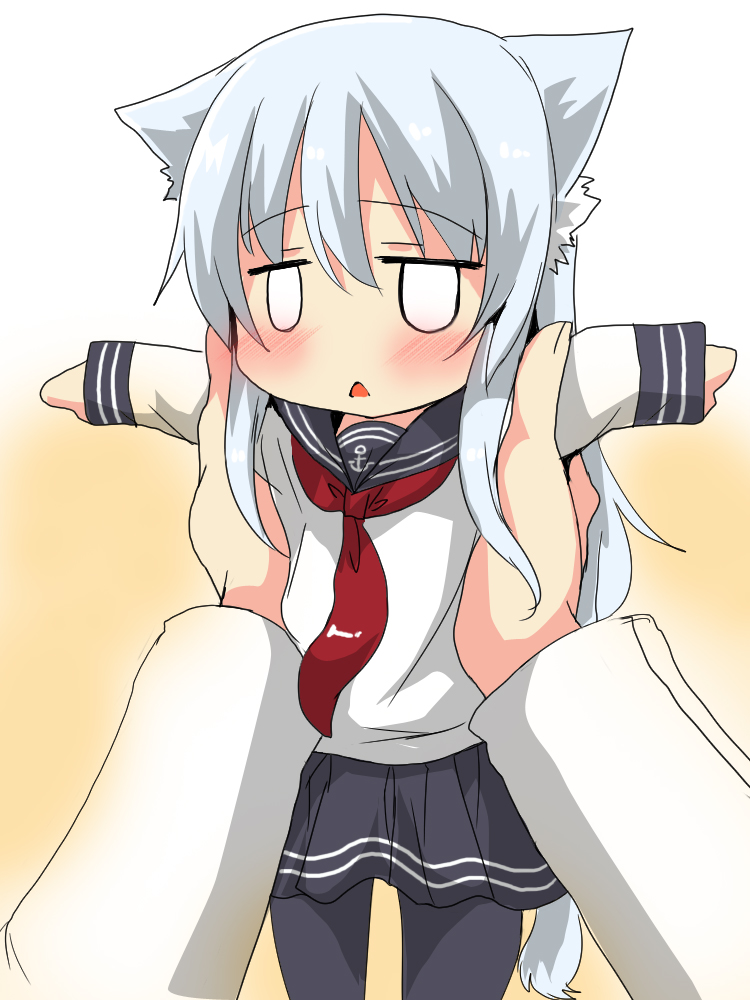 1boy 1girl :o admiral_(kantai_collection) anchor anchor_symbol animal_ears bangs black_legwear blush cat_day cat_ears cat_tail chibi eyebrows_visible_through_hair hair_between_eyes hibiki_(kantai_collection) holding kantai_collection long_hair open_mouth oshiruko_(uminekotei) pleated_skirt red_neckwear sailor_collar school_uniform serafuku simple_background skirt tail