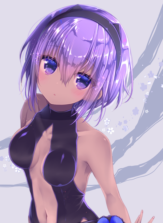 1girl bangs bare_arms bare_shoulders black_hairband blush breasts breasts_apart center_opening collarbone commentary_request dark_skin fate/grand_order fate_(series) flower grey_background hair_between_eyes hairband hassan_of_serenity_(fate) konno_kengo looking_at_viewer medium_breasts navel parted_lips purple_hair revealing_clothes short_hair sidelocks solo standing stomach upper_body violet_eyes white_flower