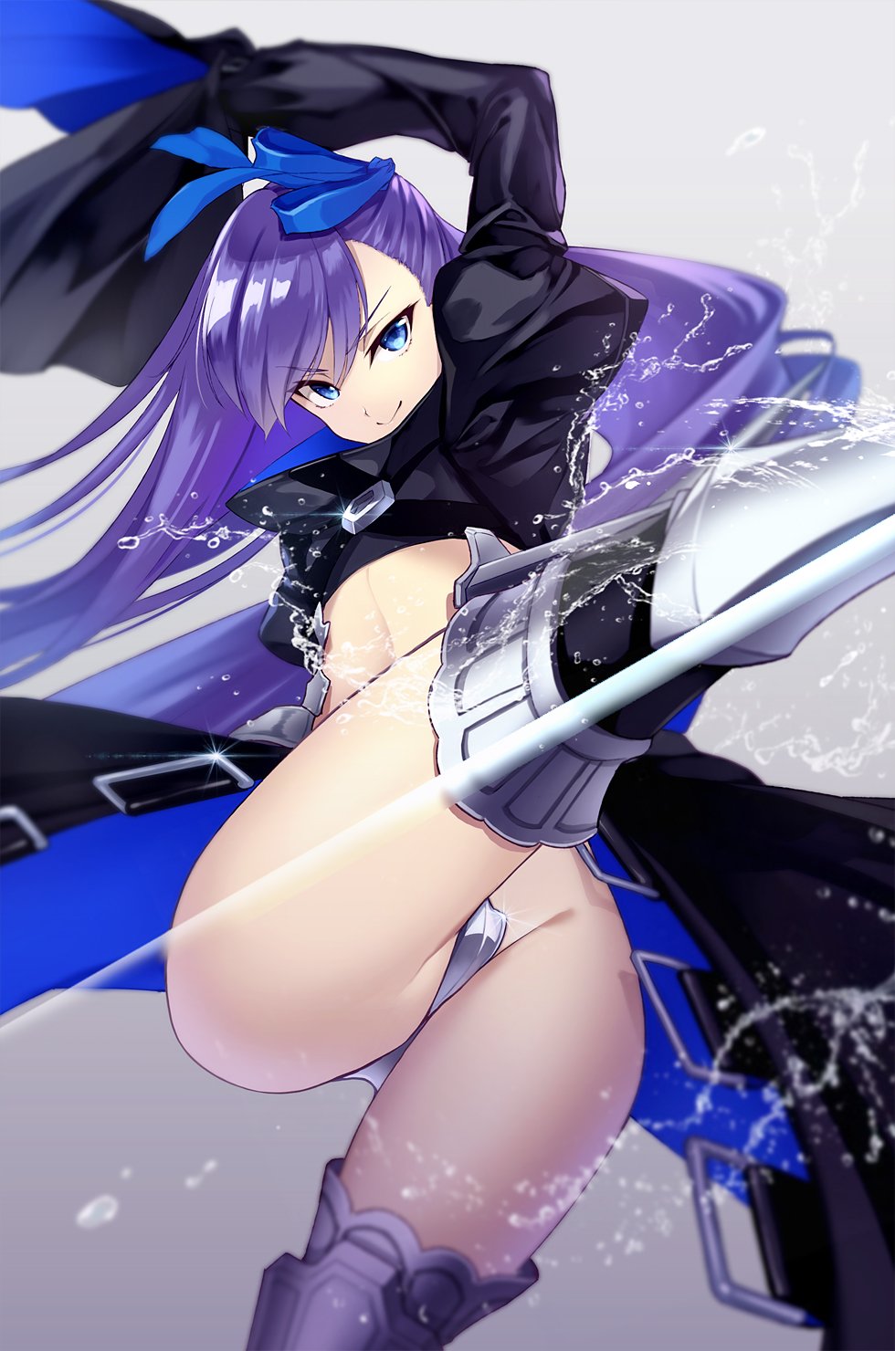 1girl armored_boots belt blue_eyes blue_ribbon boots crotch_plate fate/extra fate/extra_ccc fate_(series) hair_ribbon highres kicking long_hair meltlilith midriff prosthesis prosthetic_leg purple_hair ribbon simple_background sleeves_past_wrists smile spikes touya_(the-moon) water