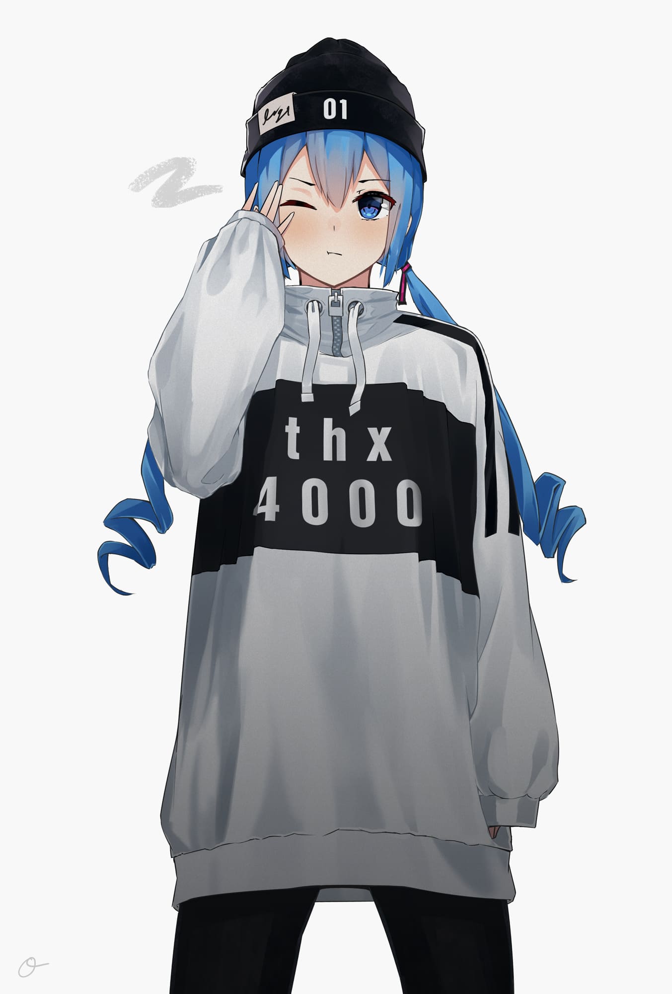 1girl ;t alternate_costume arm_at_side bangs beanie black_hat black_pants blue_eyes blue_hair blush casual closed_mouth clothes_writing commentary_request cowboy_shot drawstring drill_hair grey_background grey_sweater hand_up hat hatsune_miku highres long_sleeves looking_at_viewer low_twintails number osanzi pants signature simple_background sleeves_past_wrists solo sweater twin_drills twintails v-shaped_eyebrows vocaloid zipper zipper_pull_tab