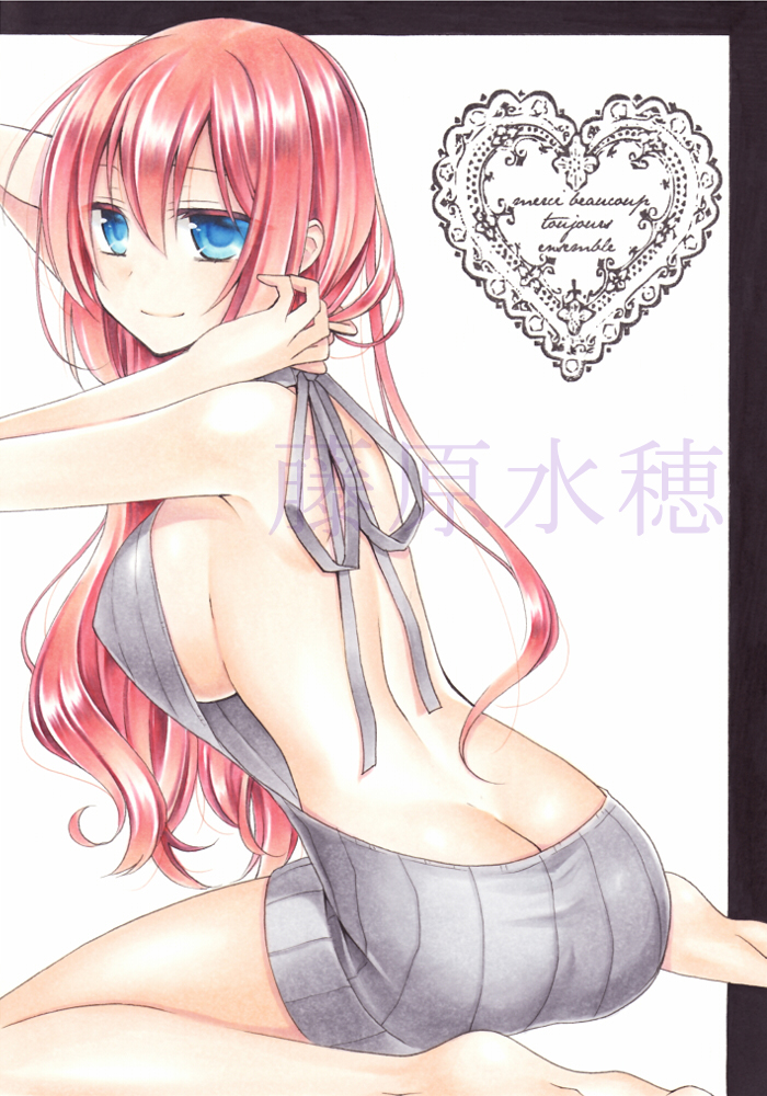 1girl ass backless_outfit barefoot blue_eyes breasts erect_nipples french_text fujiwara_minaho grey_ribbon grey_vest hair_between_eyes heart large_breasts long_hair marker_(medium) megurine_luka meme_attire naked_sweater redhead ribbed_sweater shiny shiny_hair sitting soles solo sweater traditional_media very_long_hair vest virgin_killer_sweater vocaloid wariza watermark white_background