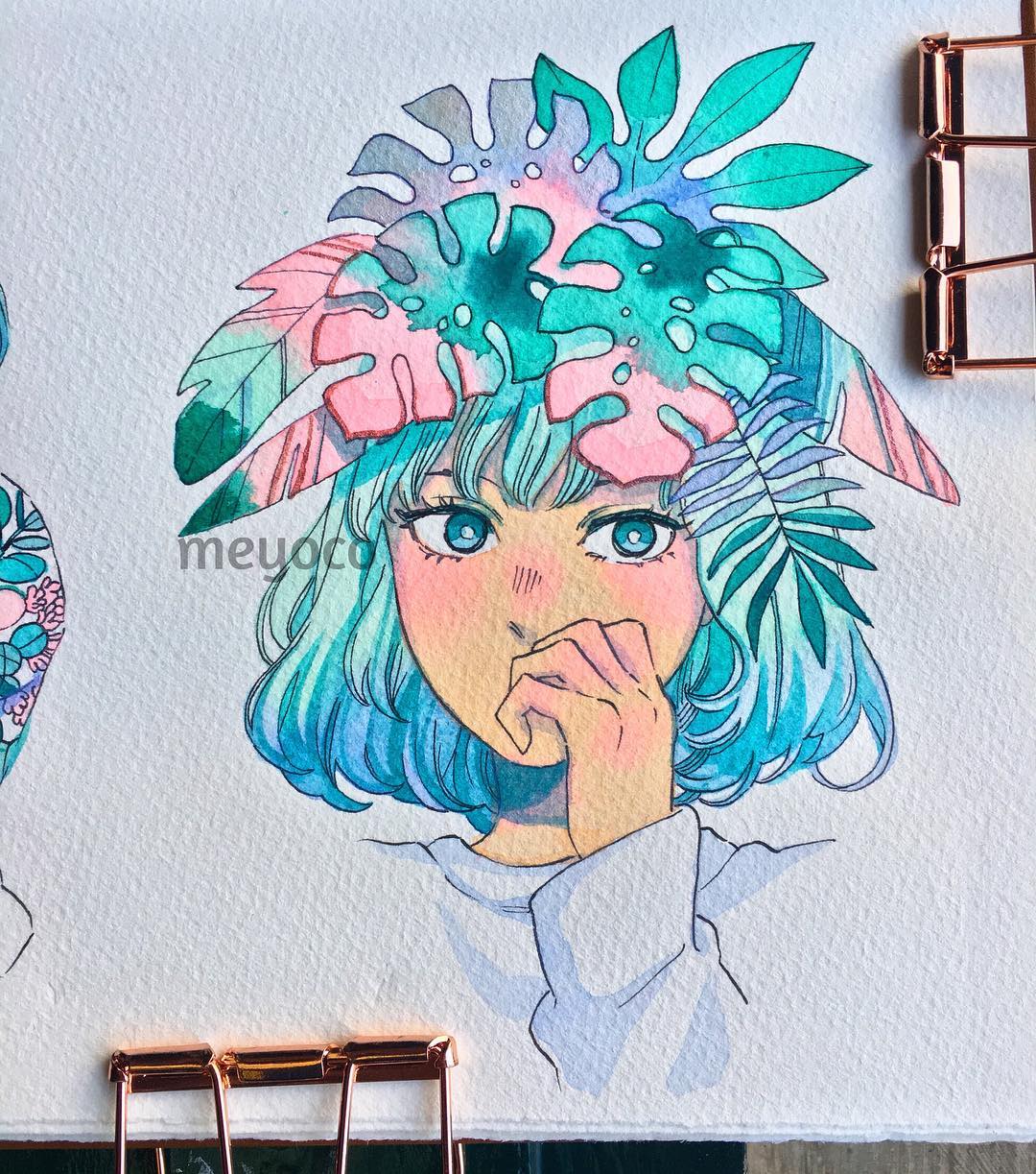 1girl aqua_eyes aqua_hair artist_name covered_mouth covering_mouth hand_over_own_mouth hand_up highres leaf leaf_on_head long_sleeves looking_at_viewer meyoco original photo portrait shirt solo traditional_media white_shirt