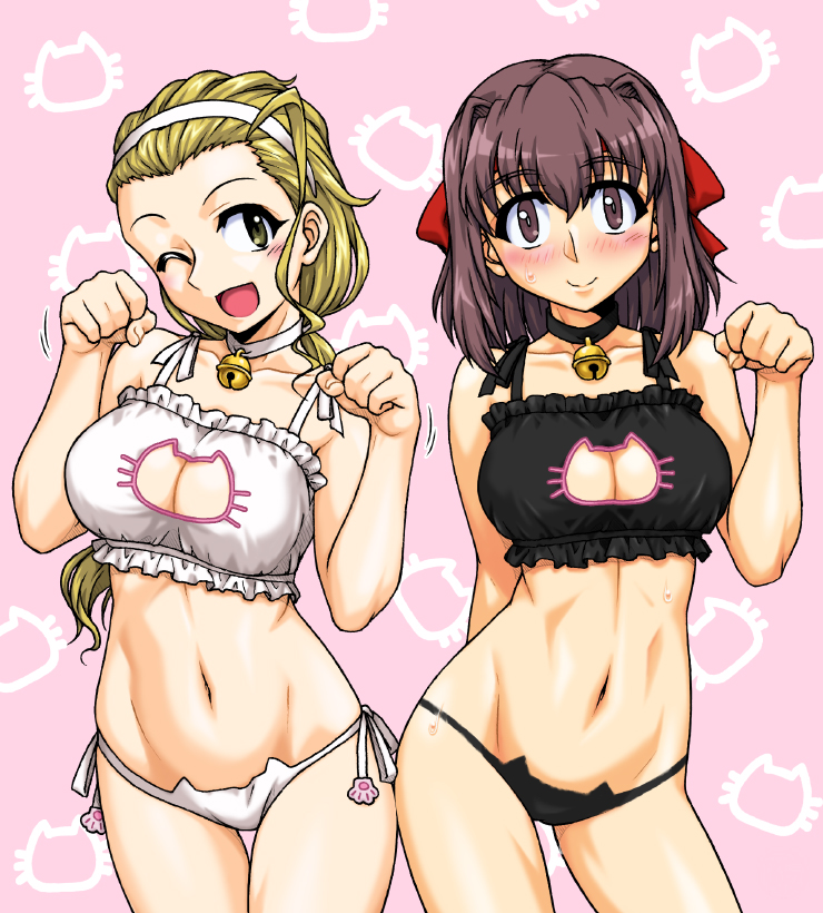 2girls ;d animal_print arm_behind_back bangs bell bell_choker bell_collar black_bra black_panties blonde_hair blush_stickers bra breasts brown_eyes brown_hair cat_cutout cat_ear_panties cat_lingerie cat_print choker cleavage cleavage_cutout closed_mouth collar commentary_request contrapposto cowboy_shot eyebrows_visible_through_hair frilled_bra frills girls_und_panzer groin hair_pulled_back hairband head_tilt jingle_bell kondou_taeko long_hair looking_at_viewer medium_hair meme_attire motion_lines multiple_girls navel one_eye_closed oosaka_kanagawa open_mouth panties partial_commentary paw_pose pink_background ponytail sasaki_akebi side-by-side side-tie_panties smile string_panties sweat thigh_gap thighs underwear underwear_only white_bra white_hairband white_panties