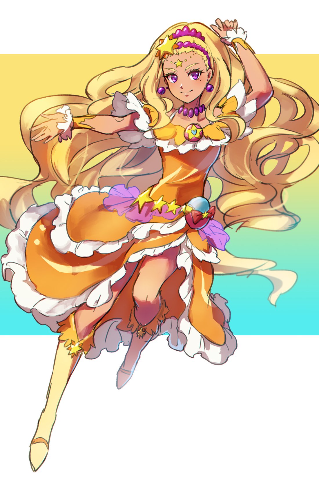 1girl amamiya_erena arm_up blonde_hair boots collarbone cure_soleil dark_skin dress earrings floating_hair frilled_dress frills hair_ornament highres jewelry knee_boots layered_dress leg_up long_hair looking_at_viewer mole mole_under_eye necklace orange_dress outstretched_arm precure shimatani_azu sleeveless sleeveless_dress smile solo star star_hair_ornament star_twinkle_precure very_long_hair violet_eyes white_footwear wrist_cuffs