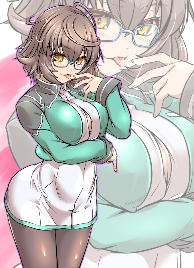 1girl ahoge akatsuki_shimeji arm_under_breasts bangs blue-framed_eyewear blush breasts brown_hair bursting_breasts closed_mouth cropped_jacket dress fate/grand_order fate_(series) glasses green_jacket hair_between_eyes jacket large_breasts long_sleeves looking_at_viewer marble_macintosh open_clothes open_jacket pantyhose saliva short_dress short_hair smile solo thighs tongue tongue_out white_dress yellow_eyes