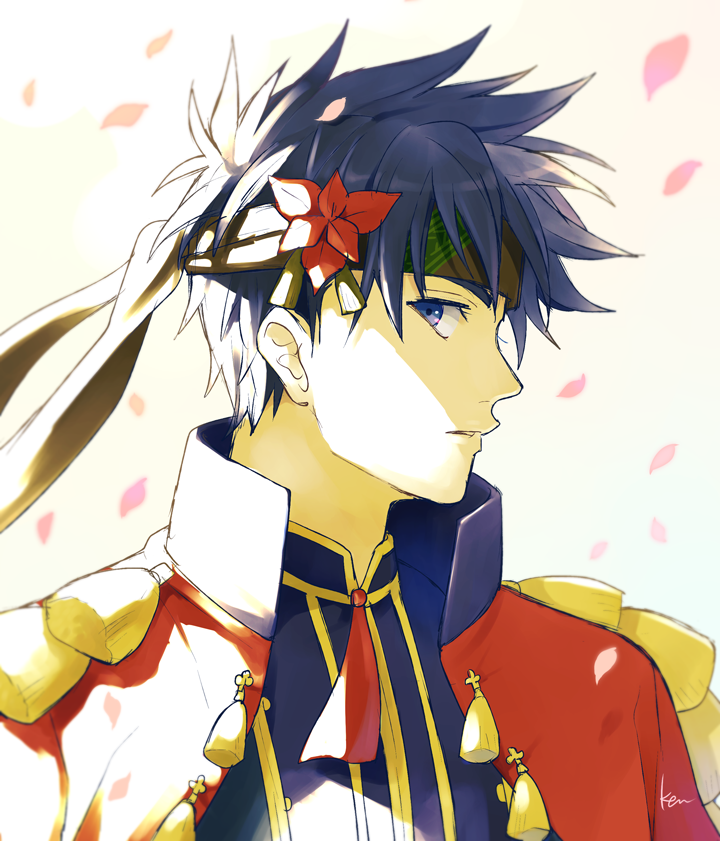 1boy akke blue_eyes blue_hair fire_emblem fire_emblem:_souen_no_kiseki fire_emblem_heroes flower hair_flower hair_ornament headband ike looking_at_viewer male_focus nintendo petals short_hair simple_background solo valentine