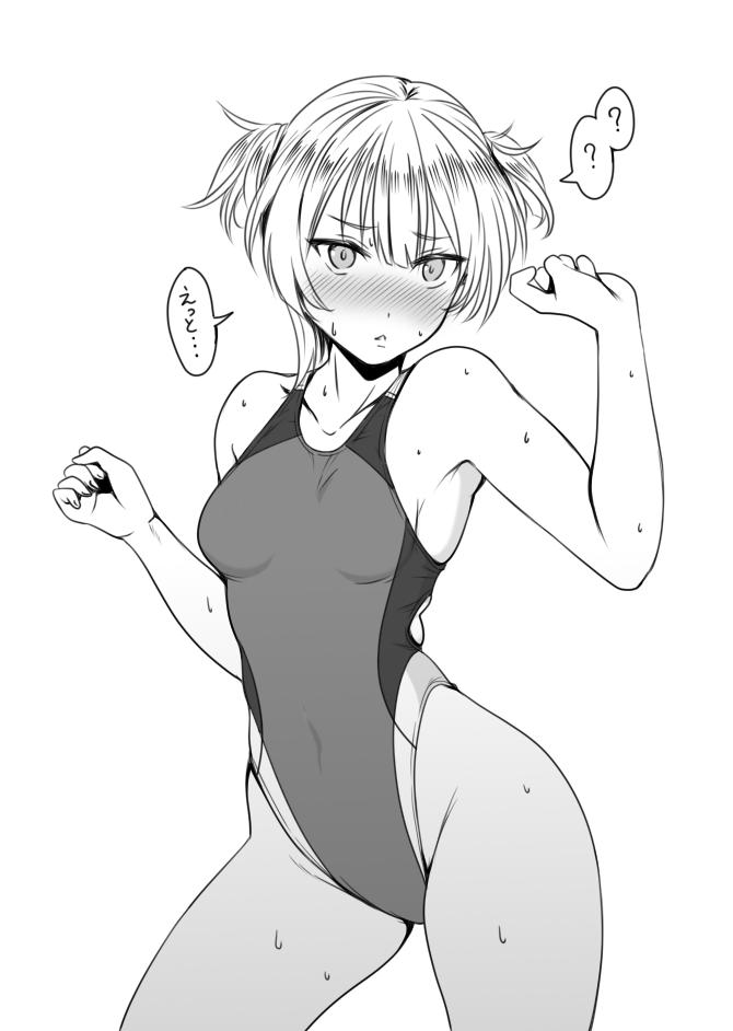 1girl ? aiuchi bangs blush commentary_request competition_swimsuit contrapposto cowboy_shot eyebrows_visible_through_hair girls_frontline greyscale highleg highleg_swimsuit lineart looking_at_viewer monochrome one-piece_swimsuit short_hair simple_background solo spoken_question_mark standing sweat swimsuit twintails welrod_mk2_(girls_frontline)